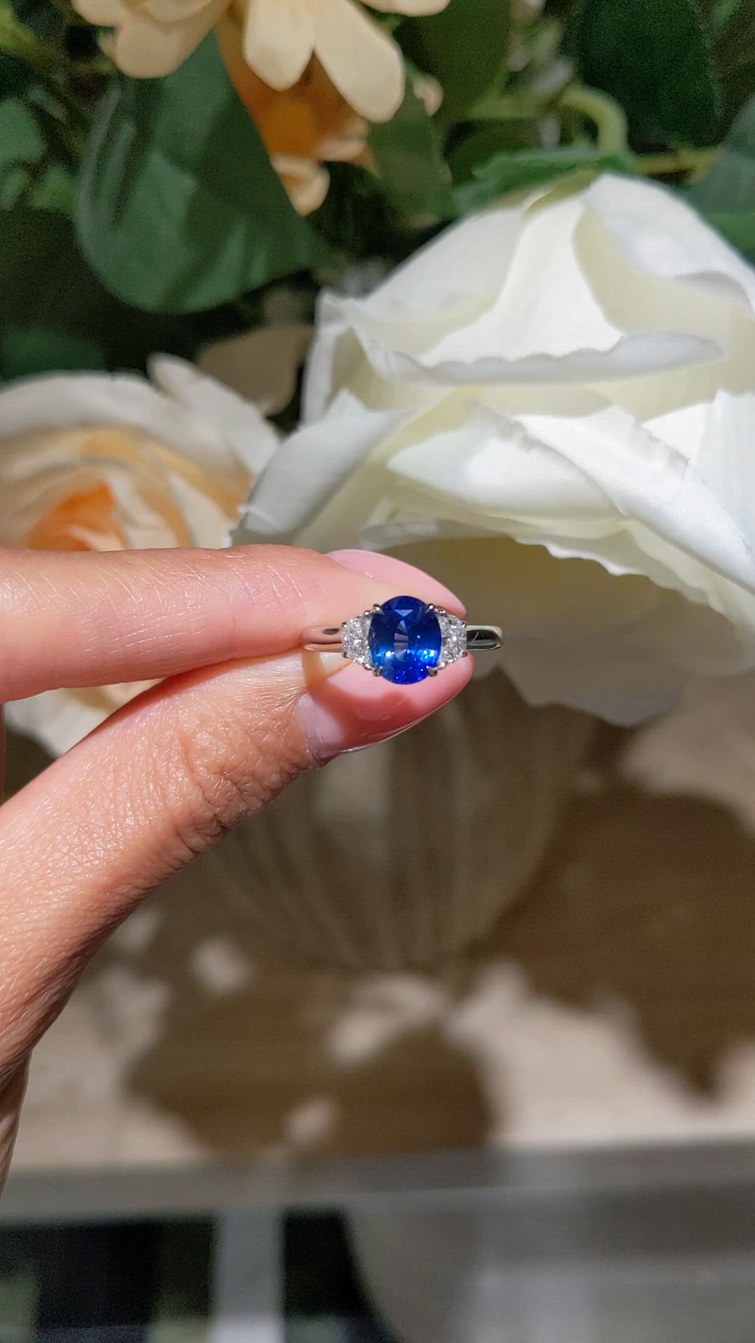 2.24 Ct. Blue Sapphire and Natural Diamond Three Stone Ring, 18K White Gold Size Video