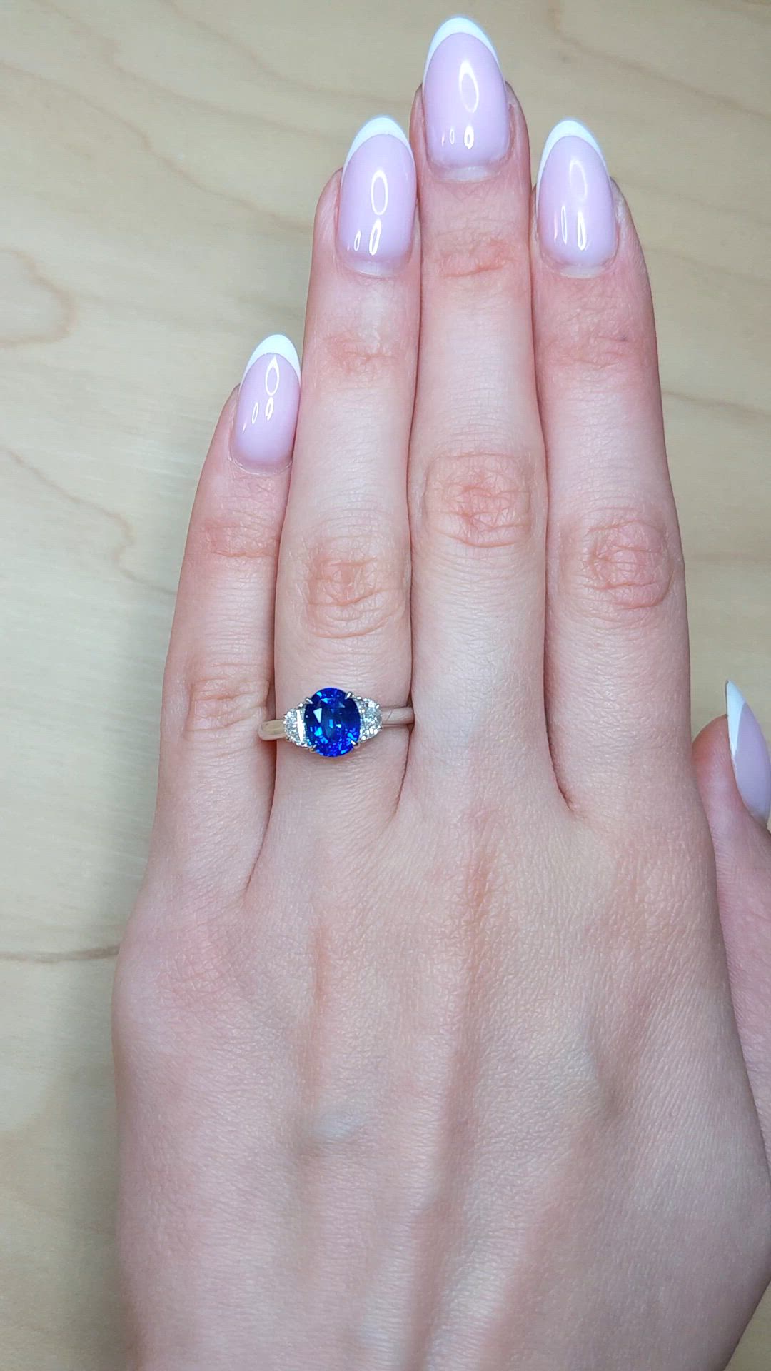 2.24 Ct. Blue Sapphire and Natural Diamond Three Stone Ring, 18K White Gold Size Video