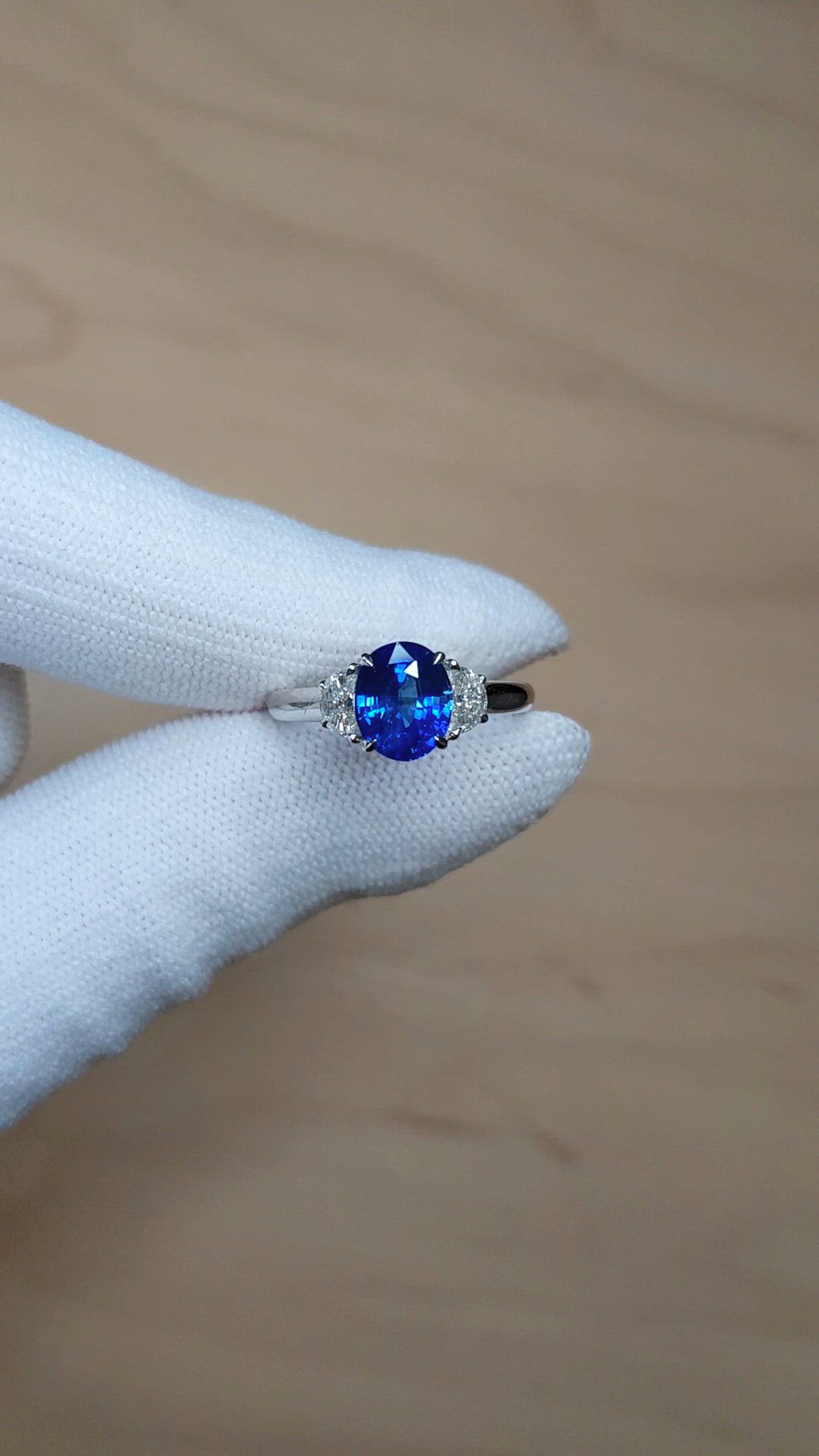 2.24 Ct. Blue Sapphire and Natural Diamond Three Stone Ring, 18K White Gold Size Video