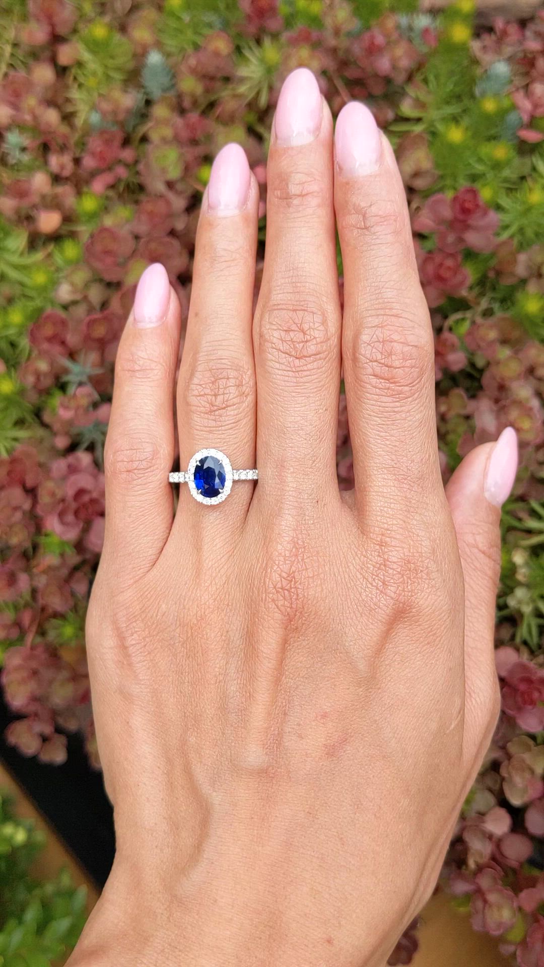 1.20 Ct. Blue Sapphire and Natural Diamond Pave Ring, 18K White Gold Size Video