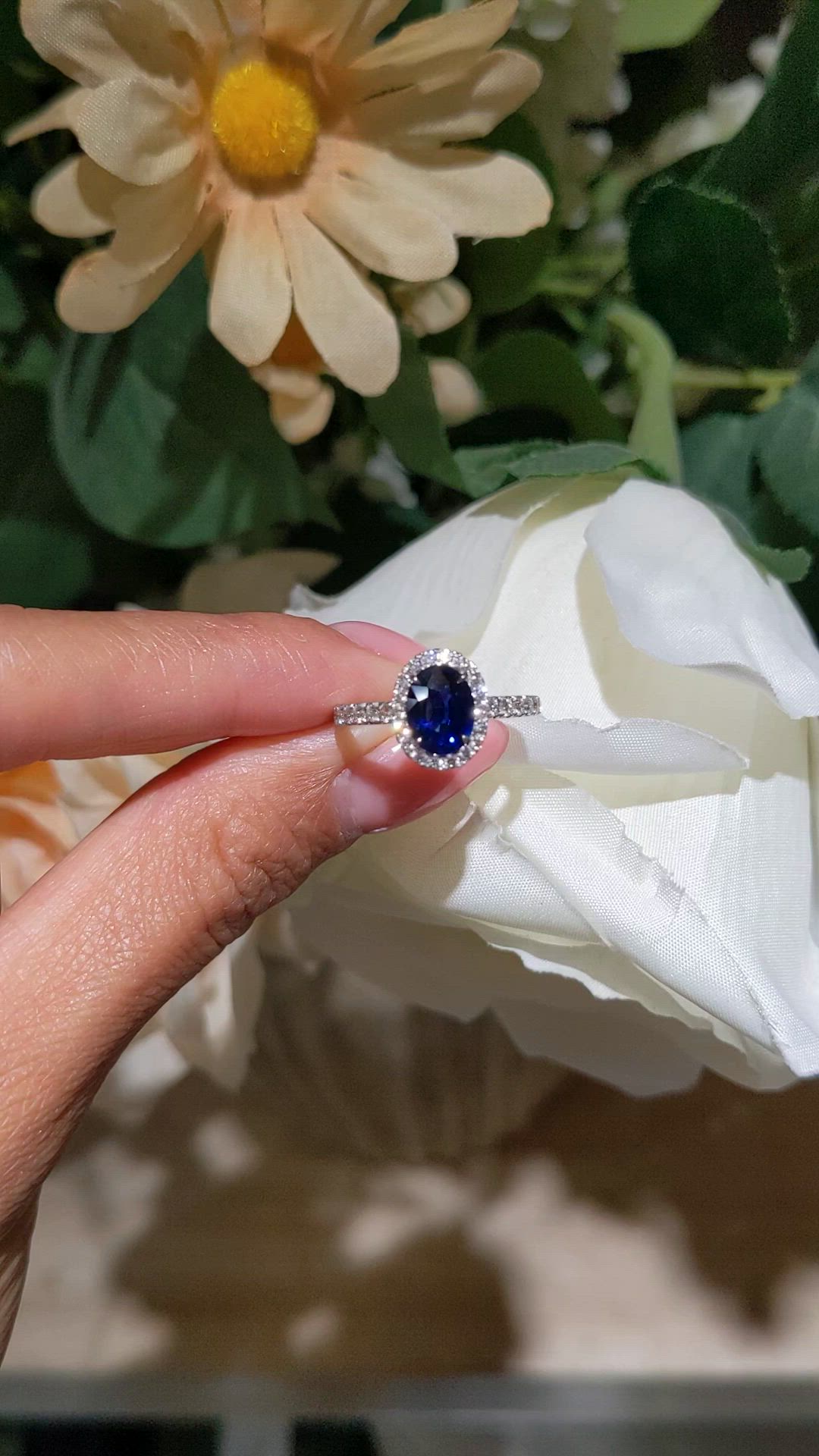 1.20 Ct. Blue Sapphire and Natural Diamond Pave Ring, 18K White Gold Size Video
