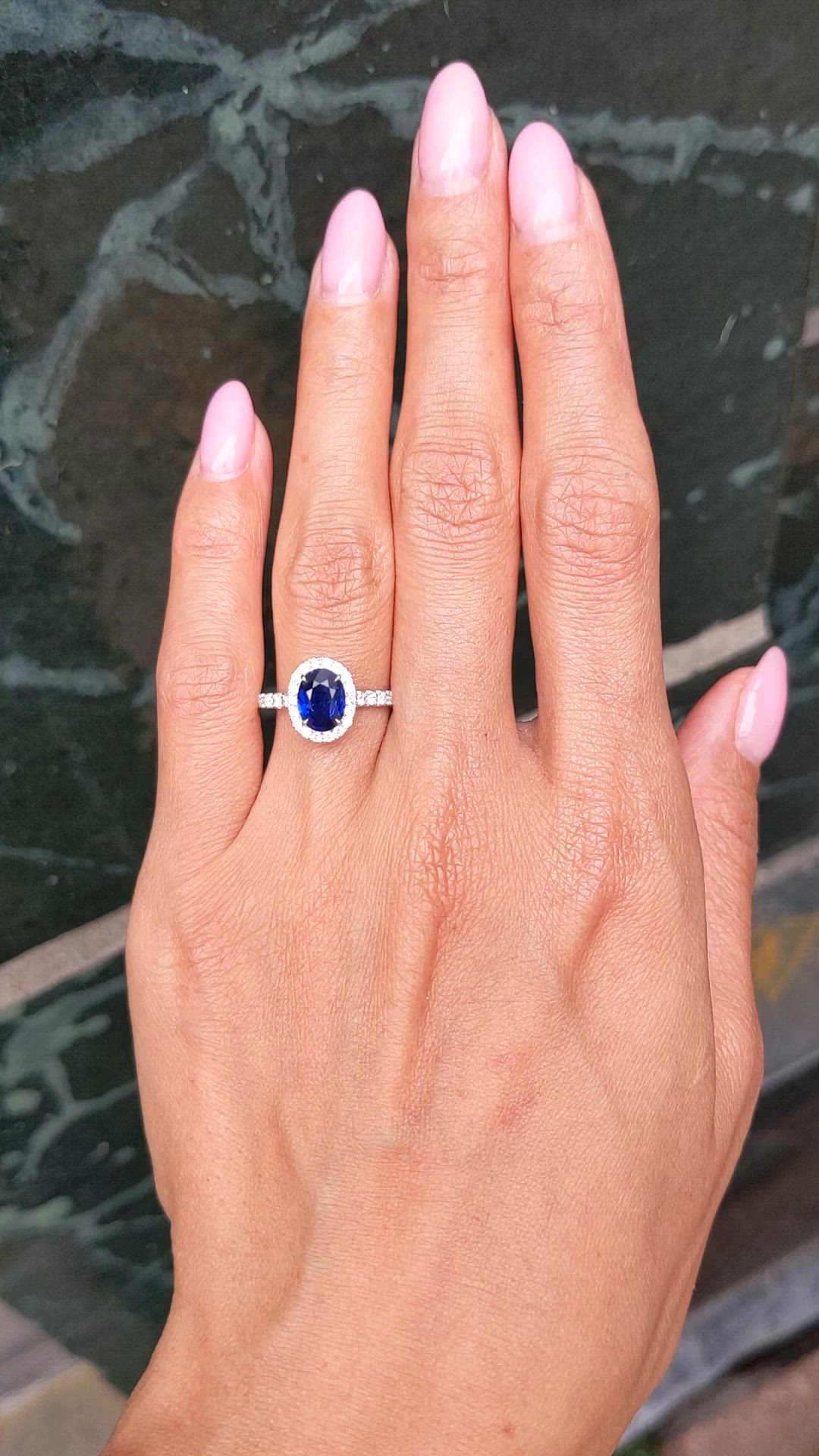 1.20 Ct. Blue Sapphire and Natural Diamond Pave Ring, 18K White Gold Size Video