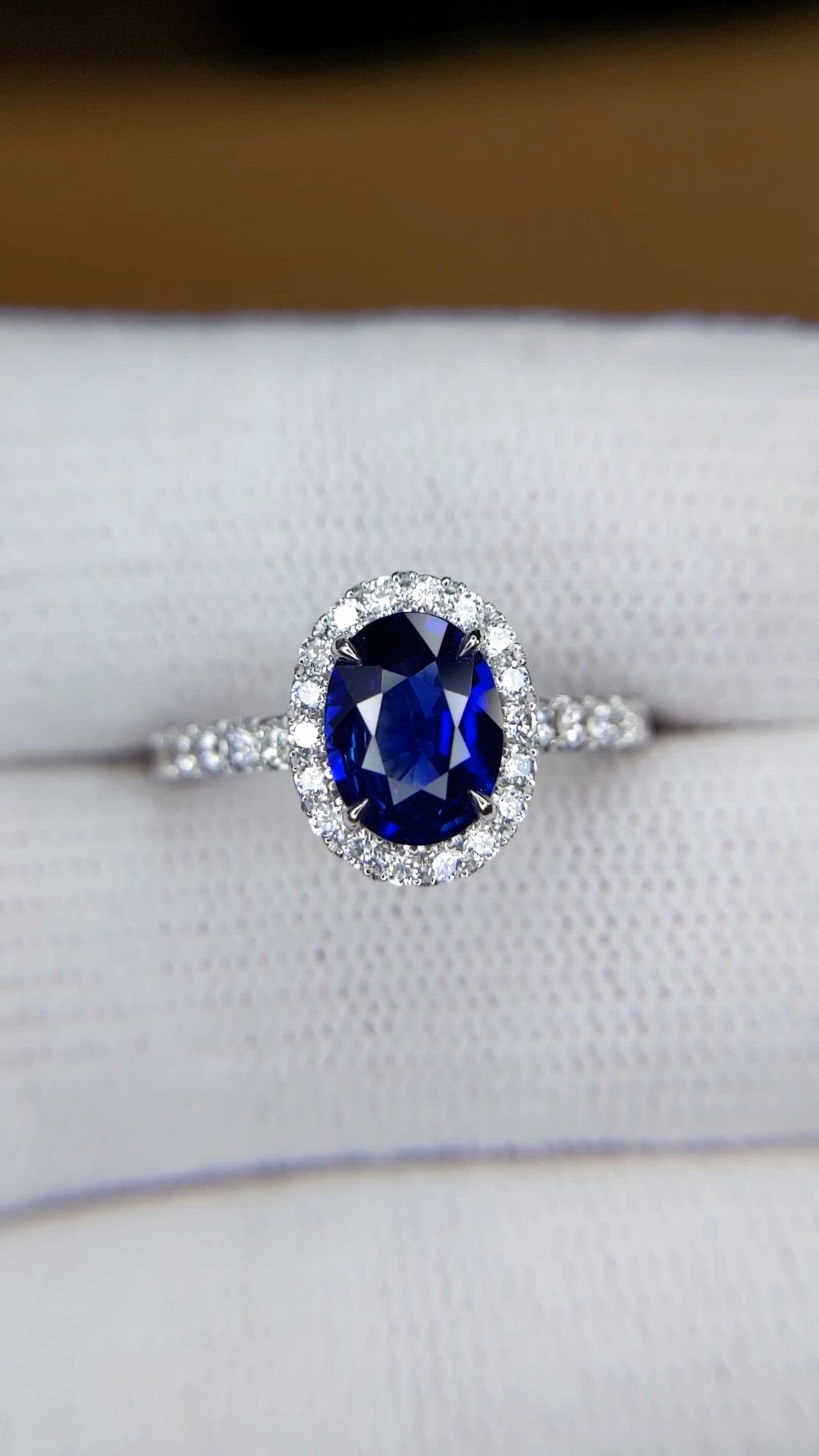 1.20 Ct. Blue Sapphire and Natural Diamond Pave Ring, 18K White Gold Size Video