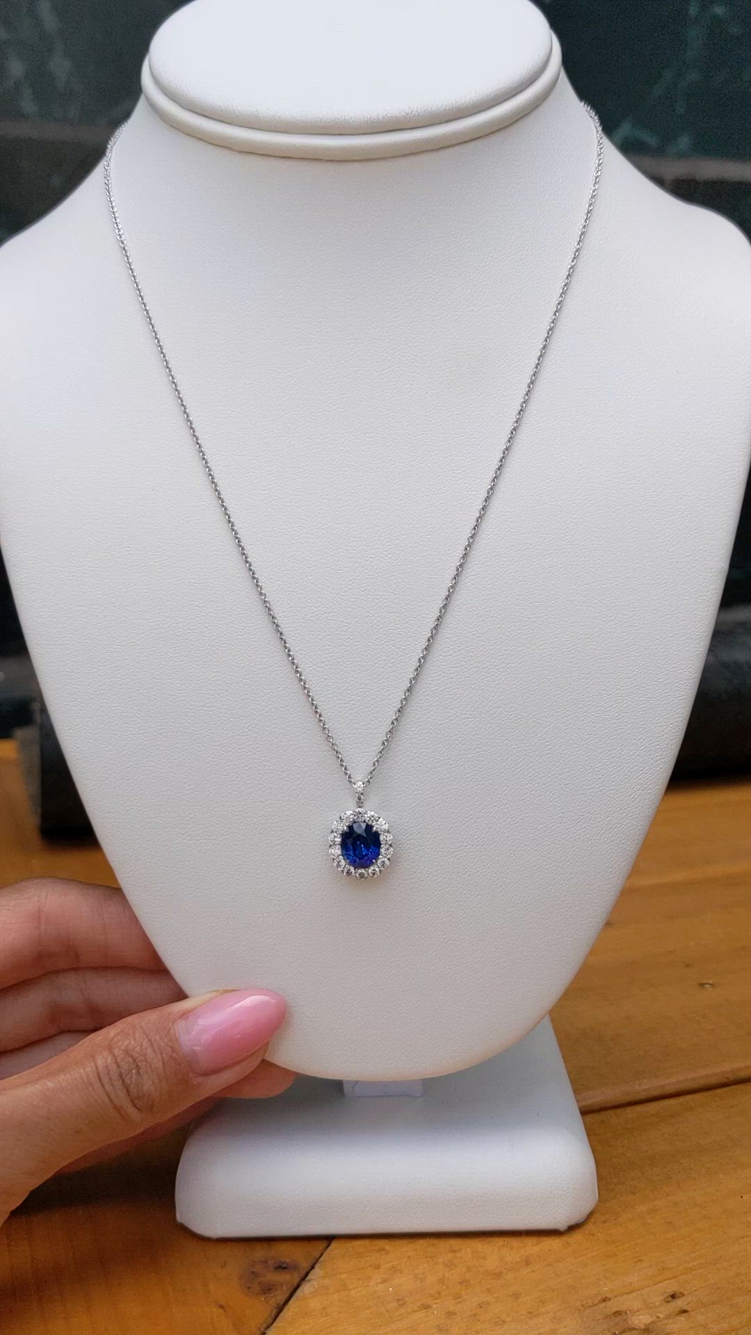 2.28 Ct. Blue Sapphire and Natural Diamond Pave Pendant, 18K White Gold Size Video