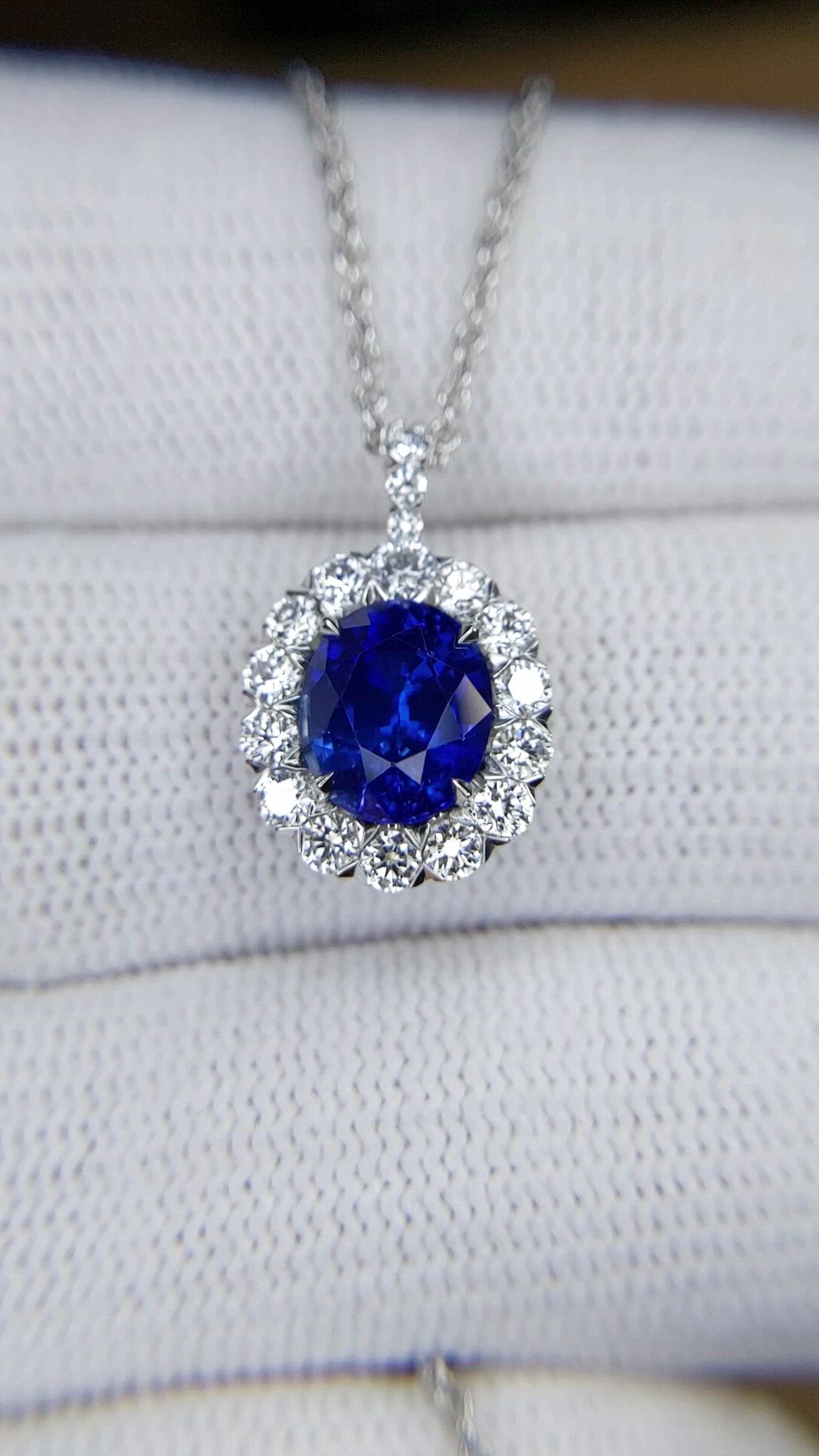 2.28 Ct. Blue Sapphire and Natural Diamond Pave Pendant, 18K White Gold Size Video