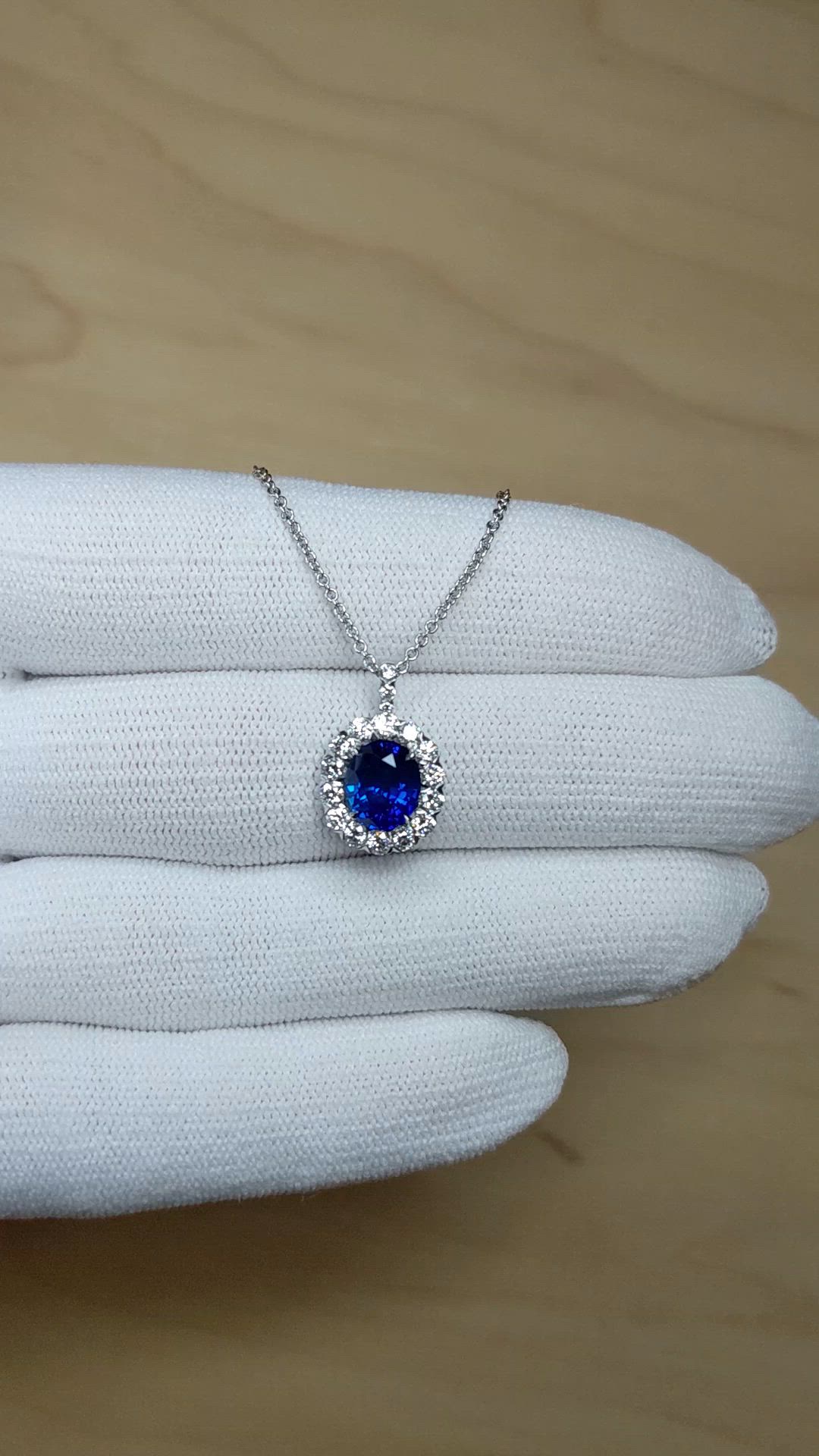 2.28 Ct. Blue Sapphire and Natural Diamond Pave Pendant, 18K White Gold Size Video