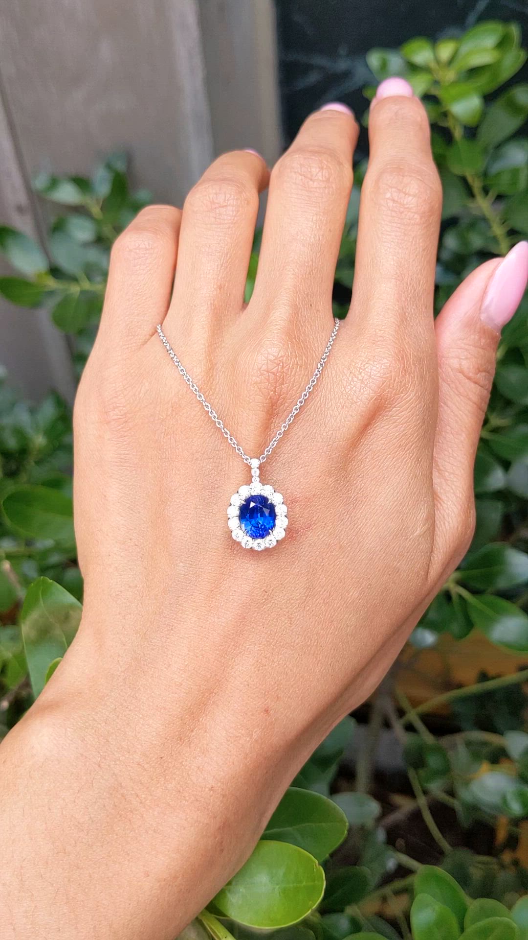 2.28 Ct. Blue Sapphire and Natural Diamond Pave Pendant, 18K White Gold Size Video