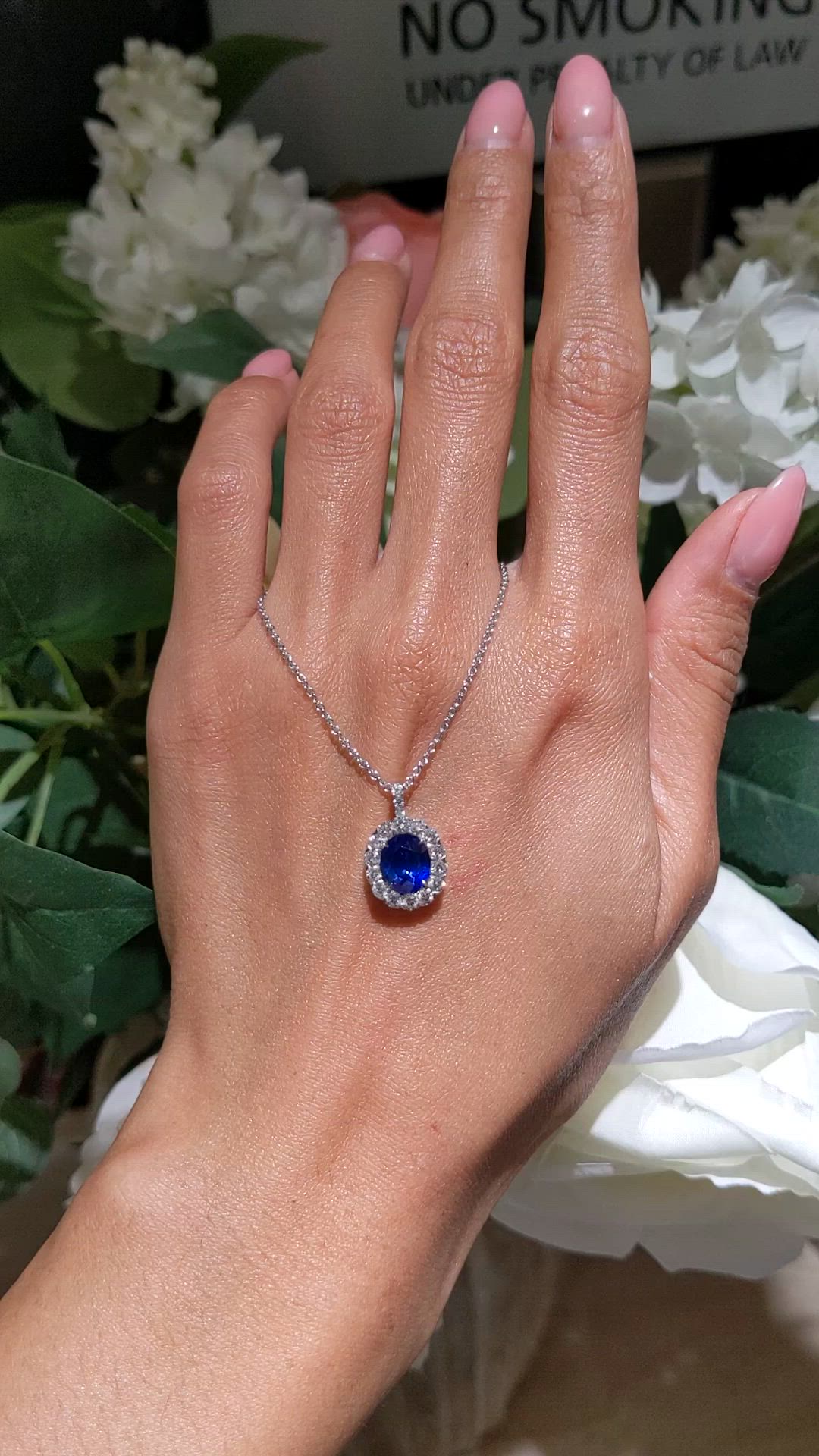2.28 Ct. Blue Sapphire and Natural Diamond Pave Pendant, 18K White Gold Size Video