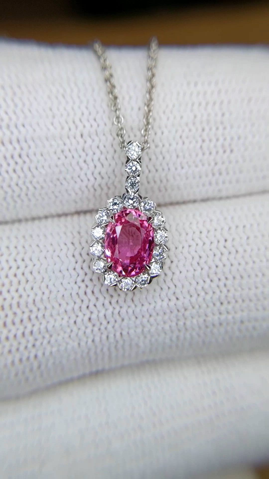 1.36 Ct. Pink Sapphire and Natural Diamond Halo Pendant, 18K White Gold Size Video