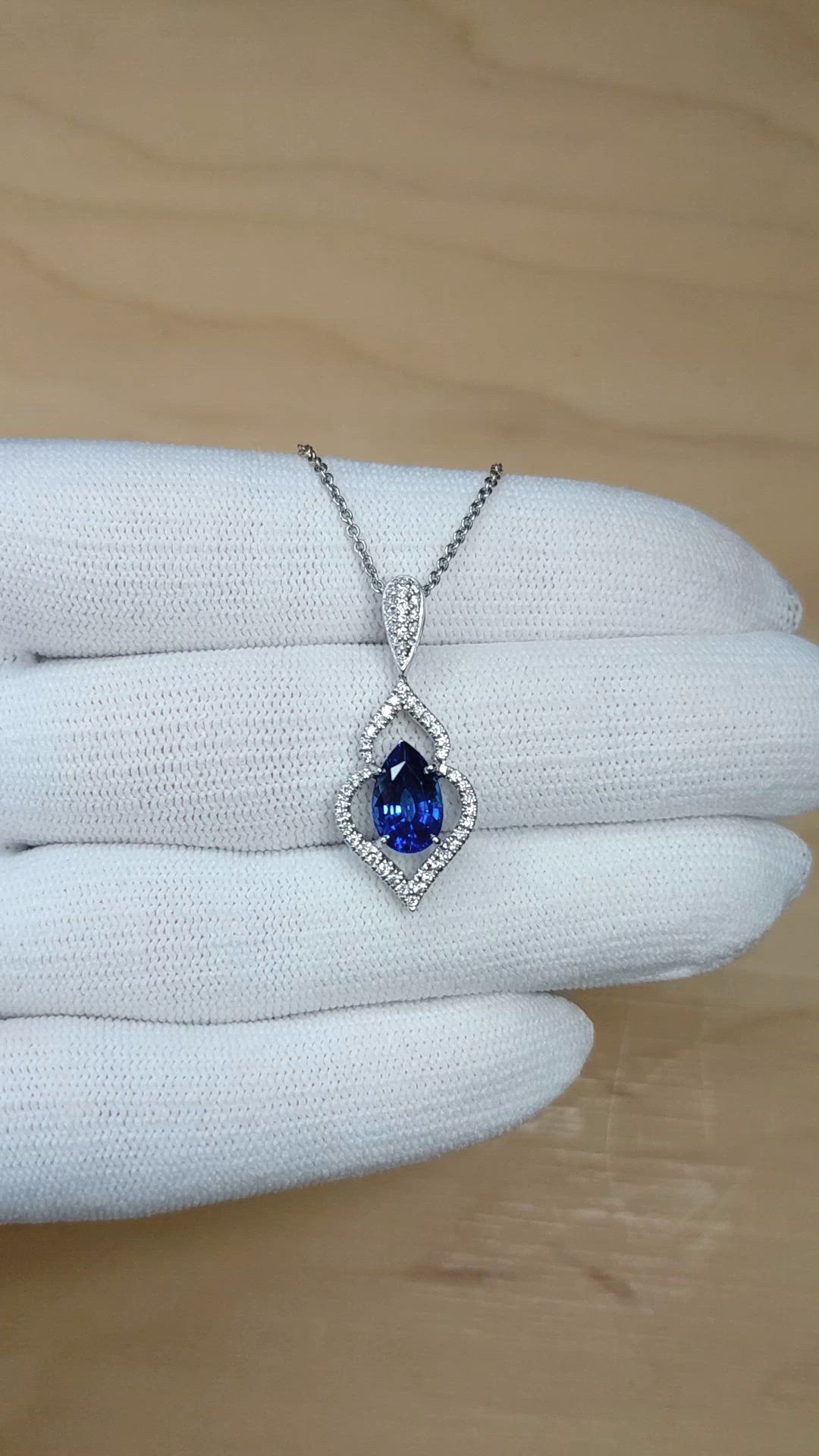2.43 Ct. Blue Sapphire and Natural Diamond Pave Pendant, 18K White Gold Size Video