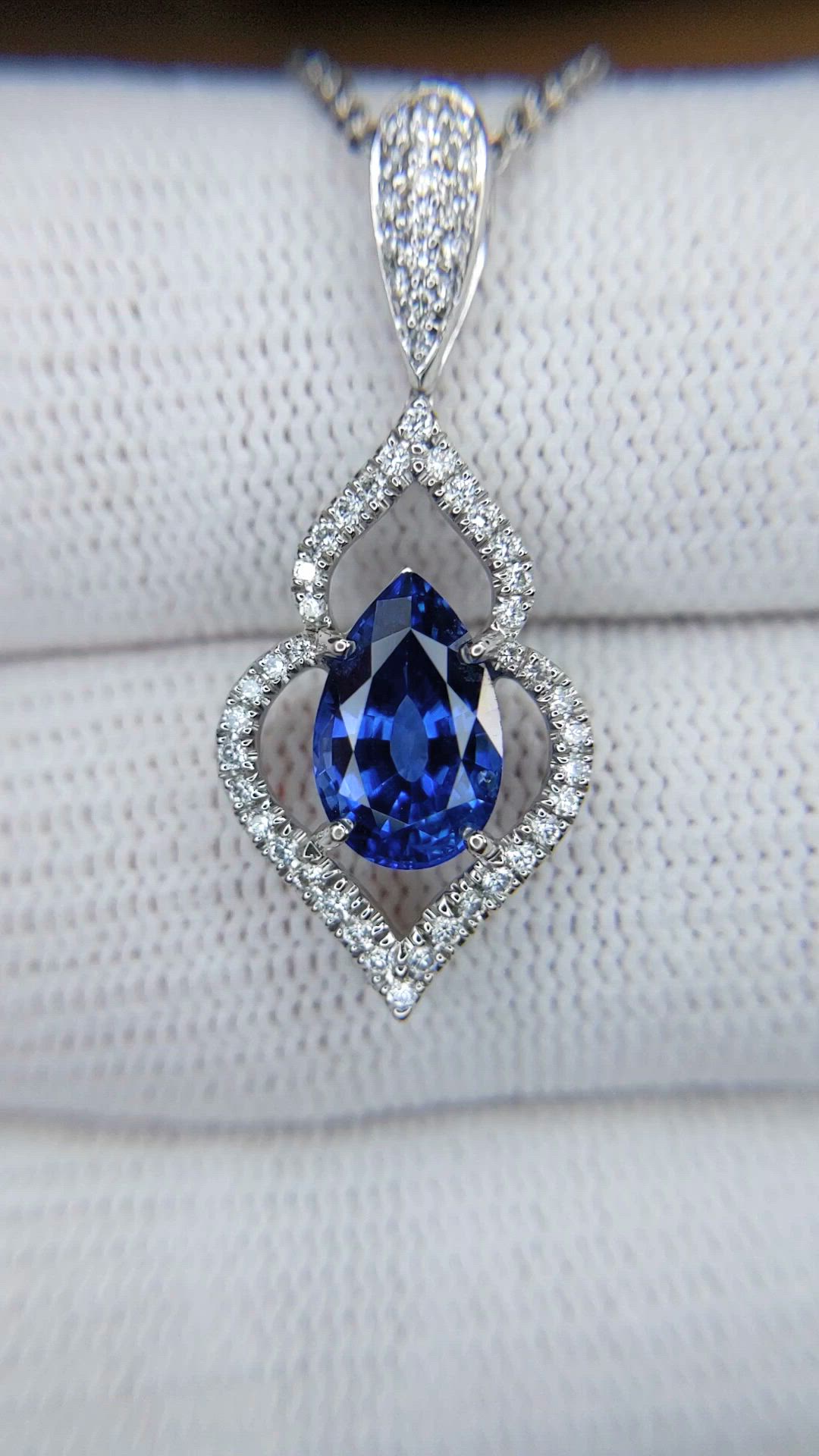 2.43 Ct. Blue Sapphire and Natural Diamond Pave Pendant, 18K White Gold Size Video