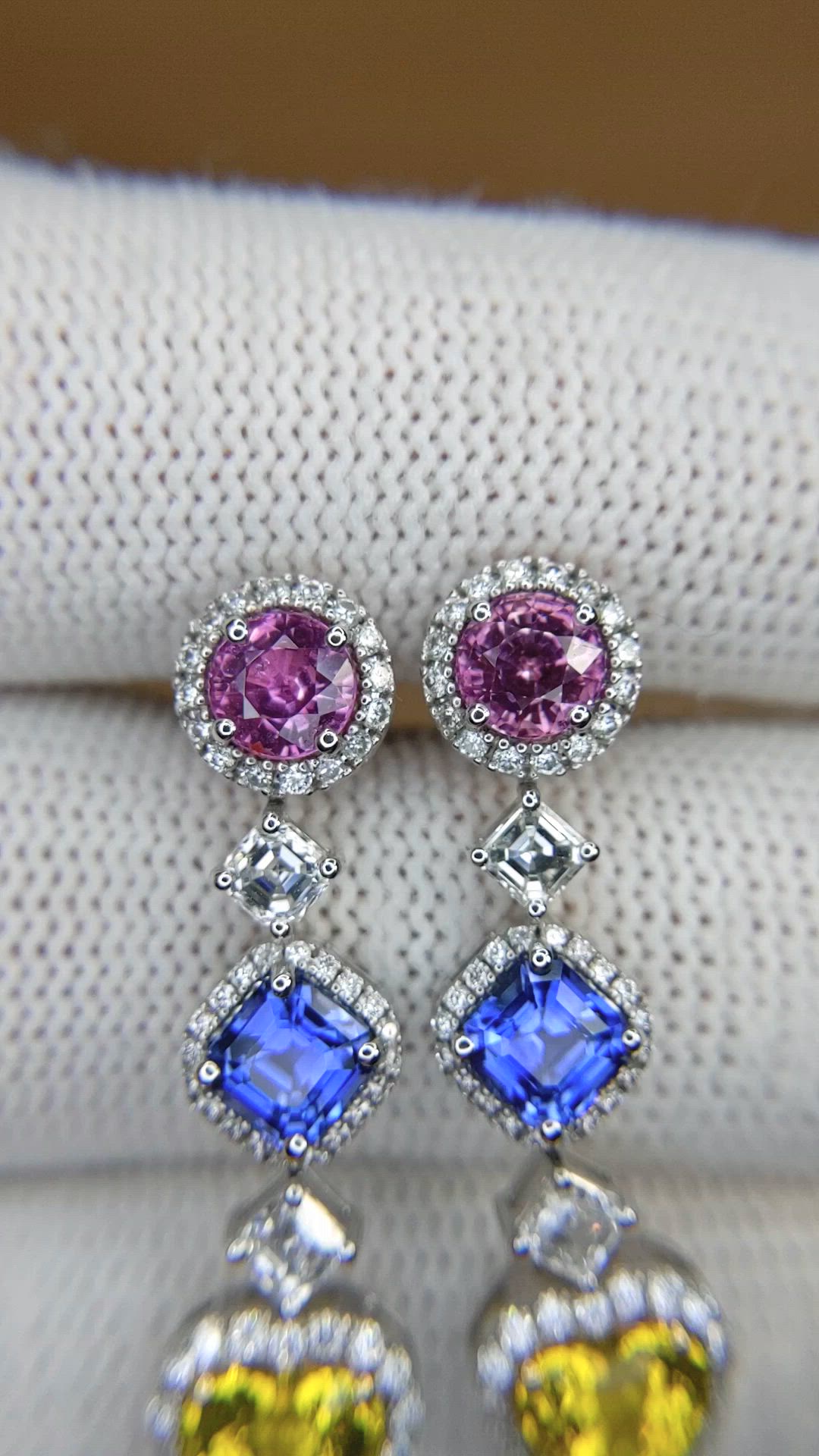 5.31&nbsp;Ct.Tw.Total Carat Weight Mixed Sapphire and Natural Diamond Pave Earrings, 18K White & Yellow Size Video