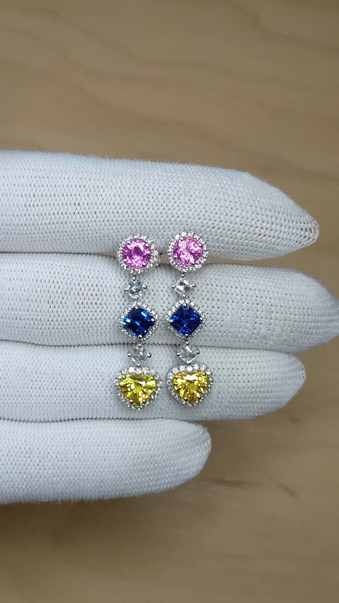 5.31&nbsp;Ct.Tw.Total Carat Weight Mixed Sapphire and Natural Diamond Pave Earrings, 18K White & Yellow Size Video