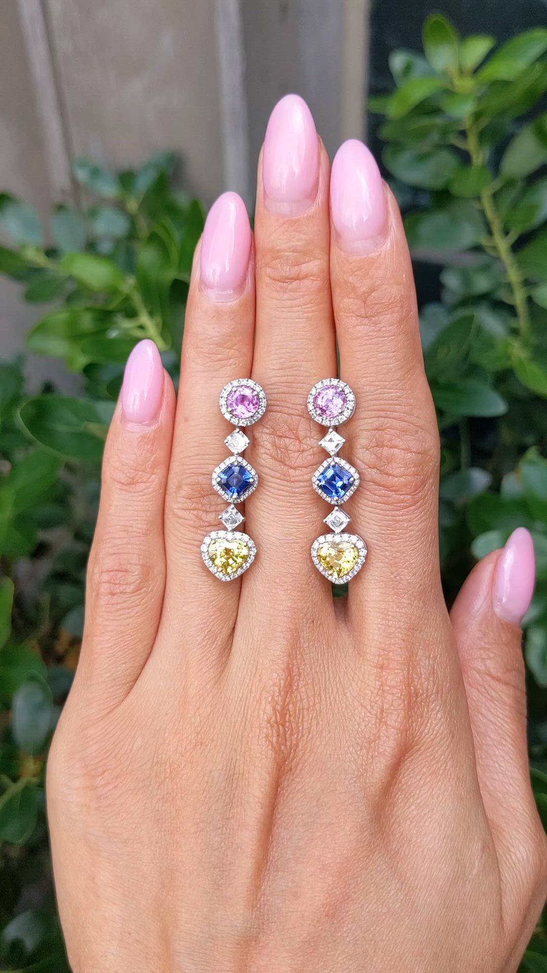 5.31&nbsp;Ct.Tw.Total Carat Weight Mixed Sapphire and Natural Diamond Pave Earrings, 18K White & Yellow Size Video