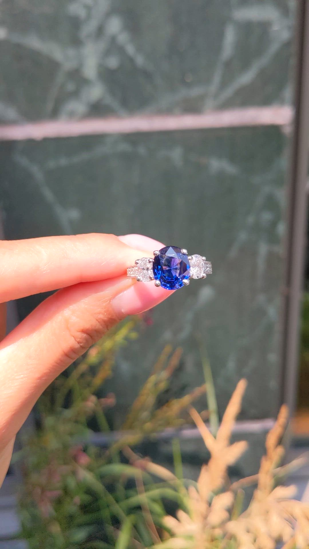 4.06 Ct. Blue Sapphire and Natural Diamond Pave Ring, 14K White Gold Size Video