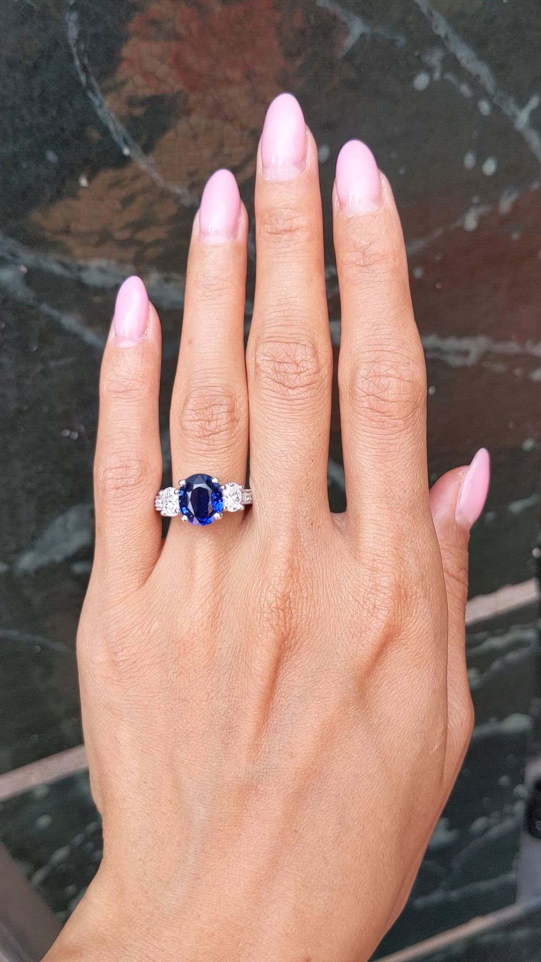 4.06 Ct. Blue Sapphire and Natural Diamond Pave Ring, 14K White Gold Size Video