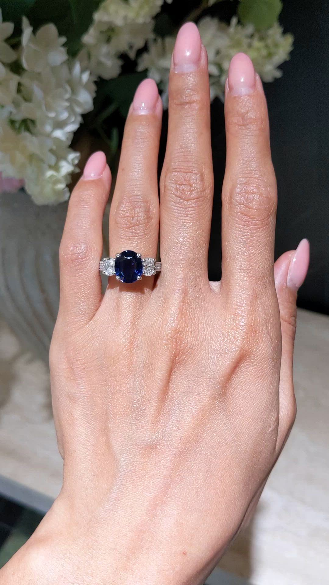 4.06 Ct. Blue Sapphire and Natural Diamond Pave Ring, 14K White Gold Size Video