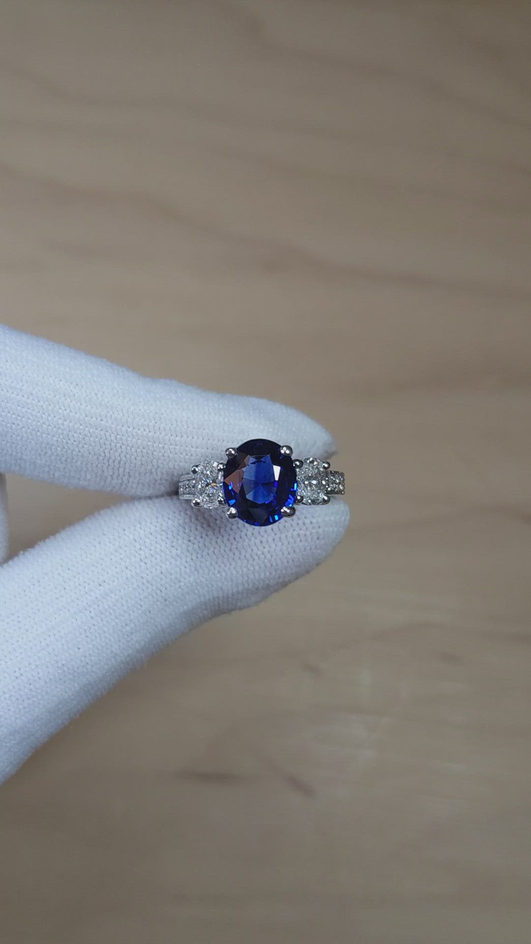 4.06 Ct. Blue Sapphire and Natural Diamond Pave Ring, 14K White Gold Size Video