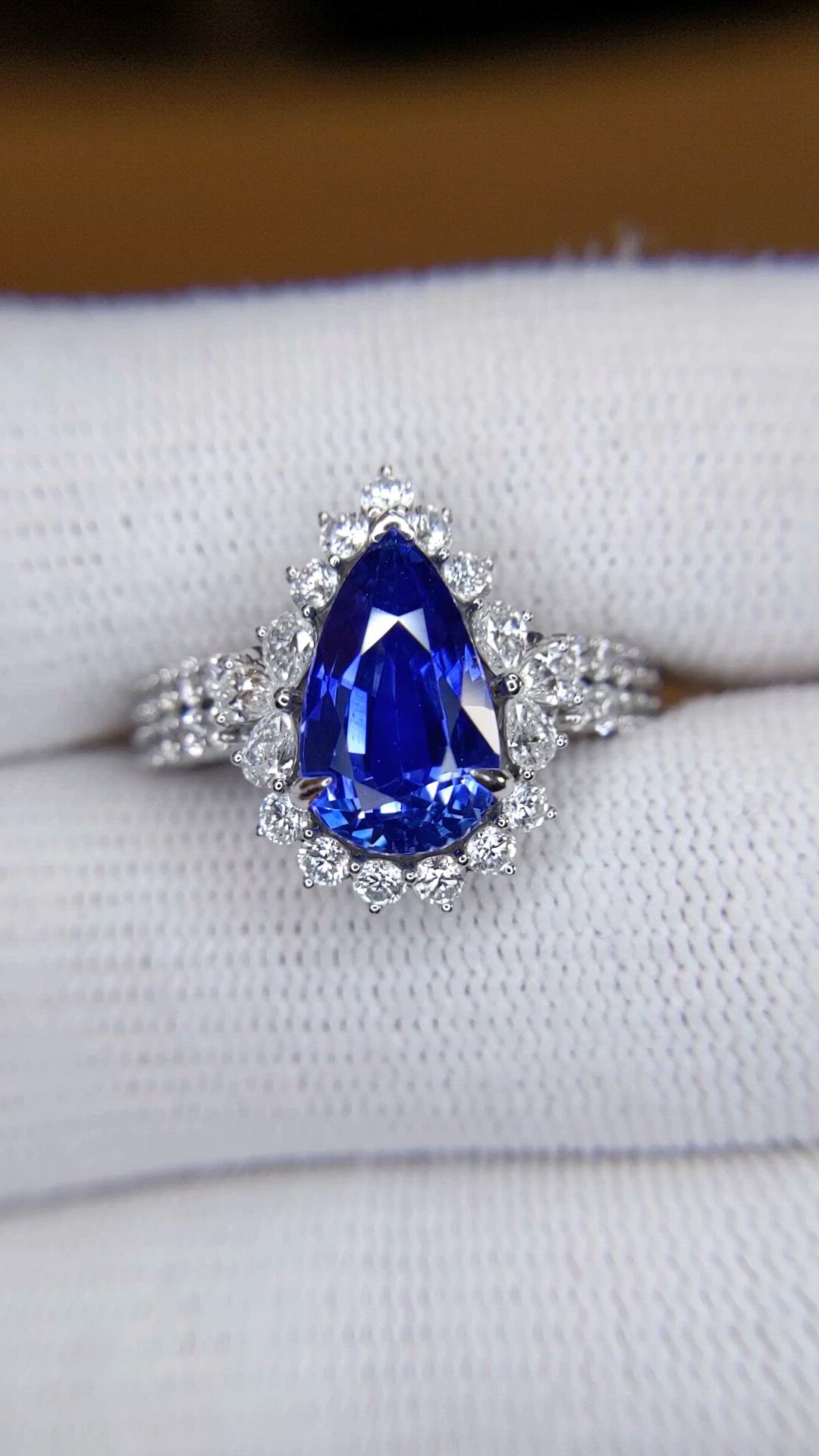 3.48 Ct. Blue Sapphire and Natural Diamond Pave Ring, 14K White Gold Size Video