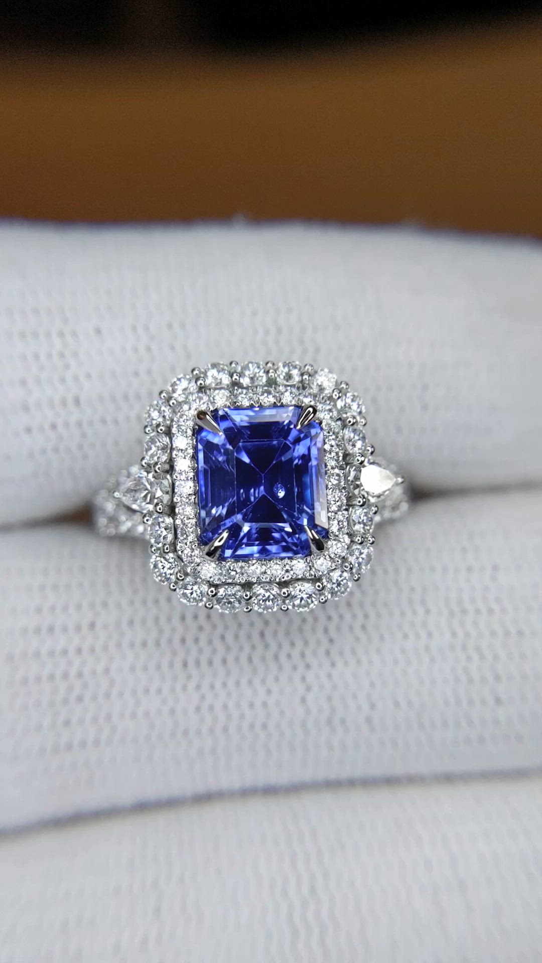 2.86 Ct. Blue Sapphire and Natural Diamond Pave Ring, 14K White Gold Size Video