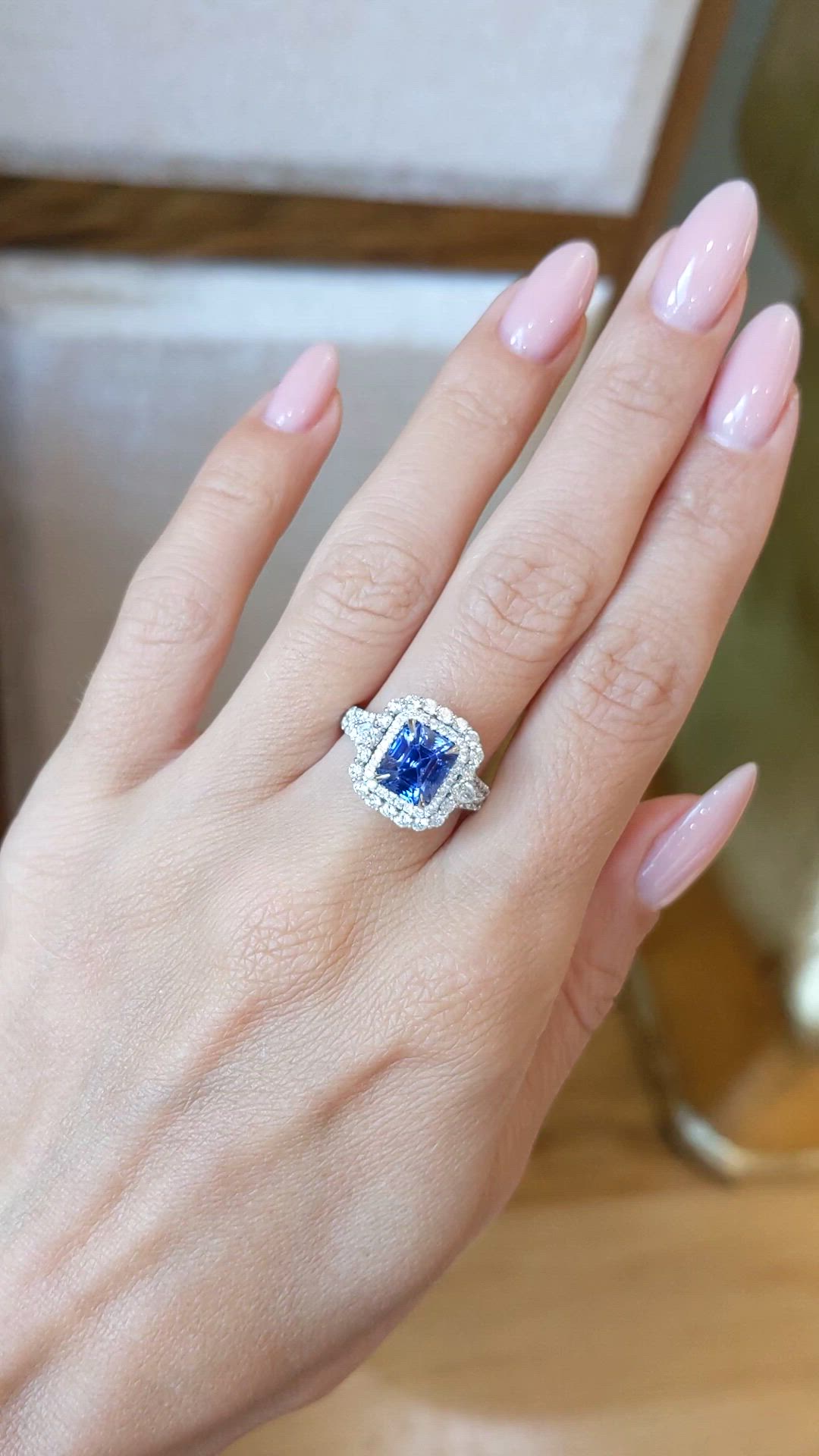 2.86 Ct. Blue Sapphire and Natural Diamond Pave Ring, 14K White Gold Size Video
