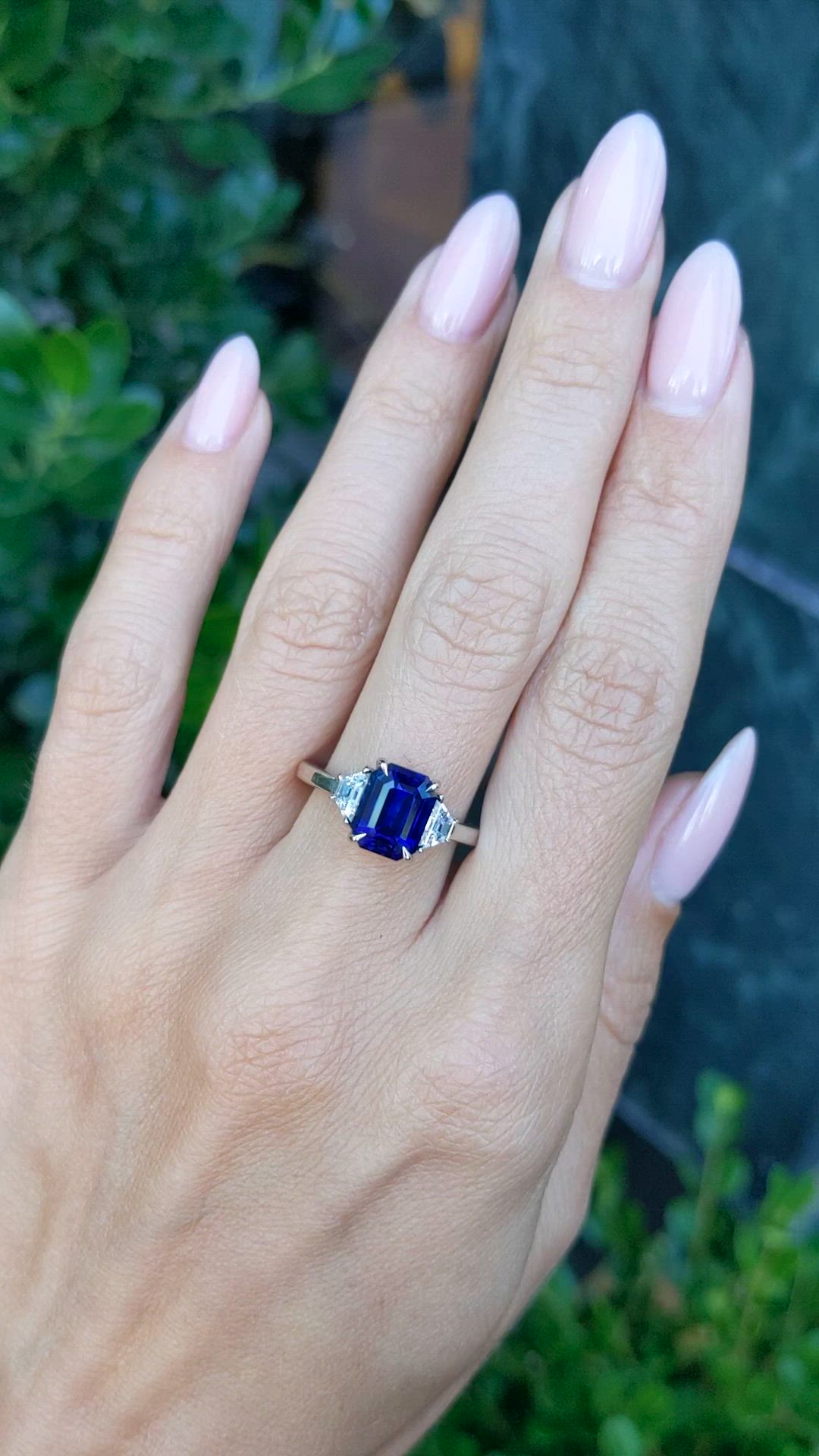 3.04 Ct. Blue Sapphire and Natural Diamond Three Stone Ring, Platinum 950 Size Video
