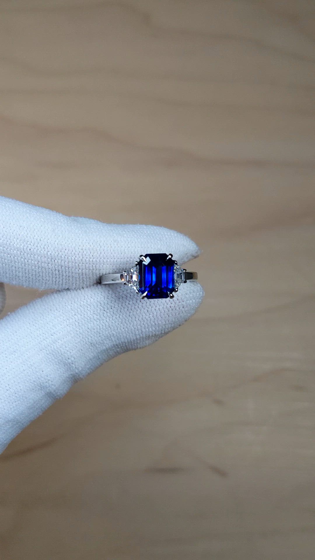 3.04 Ct. Blue Sapphire and Natural Diamond Three Stone Ring, Platinum 950 Size Video