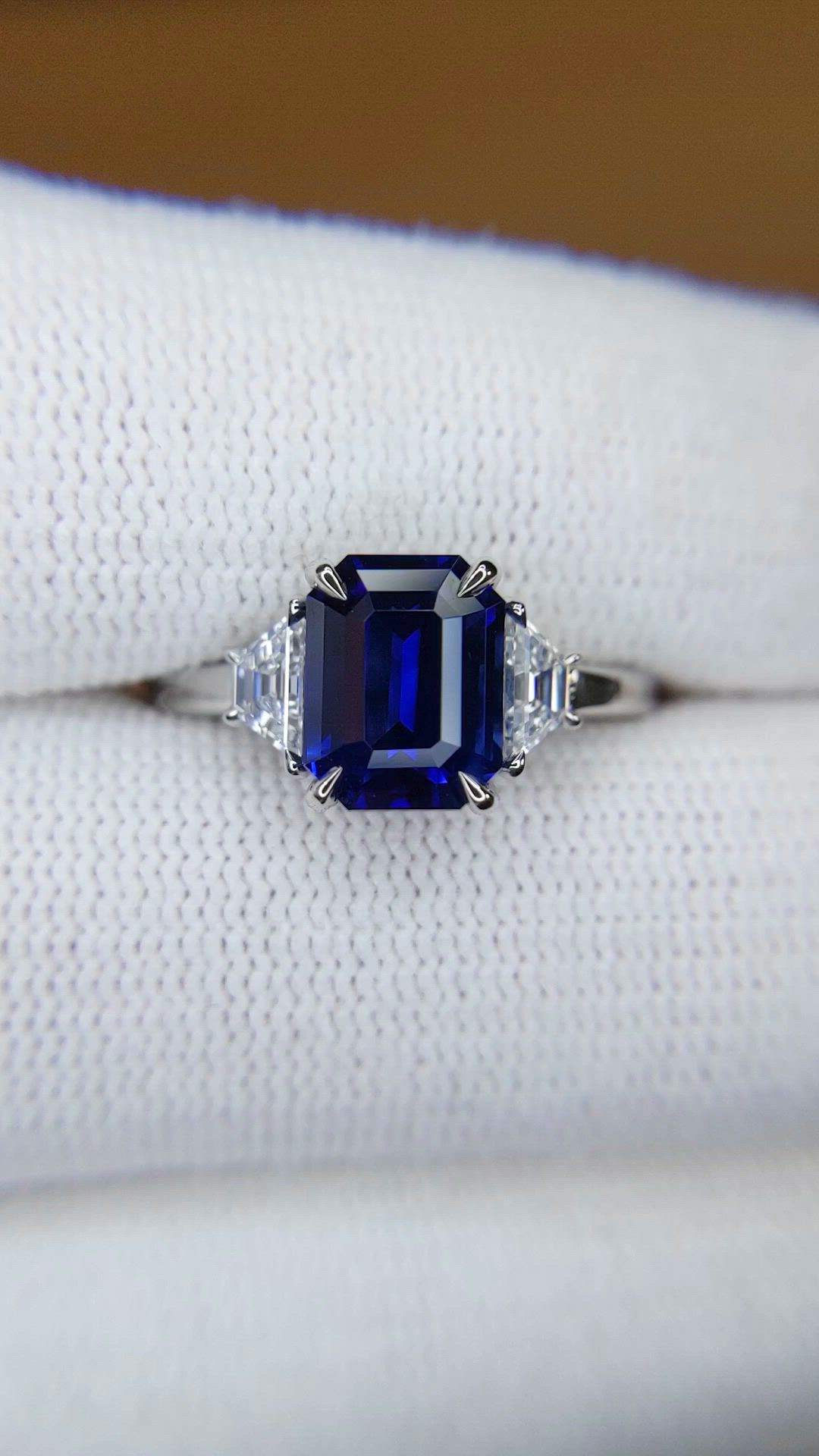 3.04 Ct. Blue Sapphire and Natural Diamond Three Stone Ring, Platinum 950 Size Video
