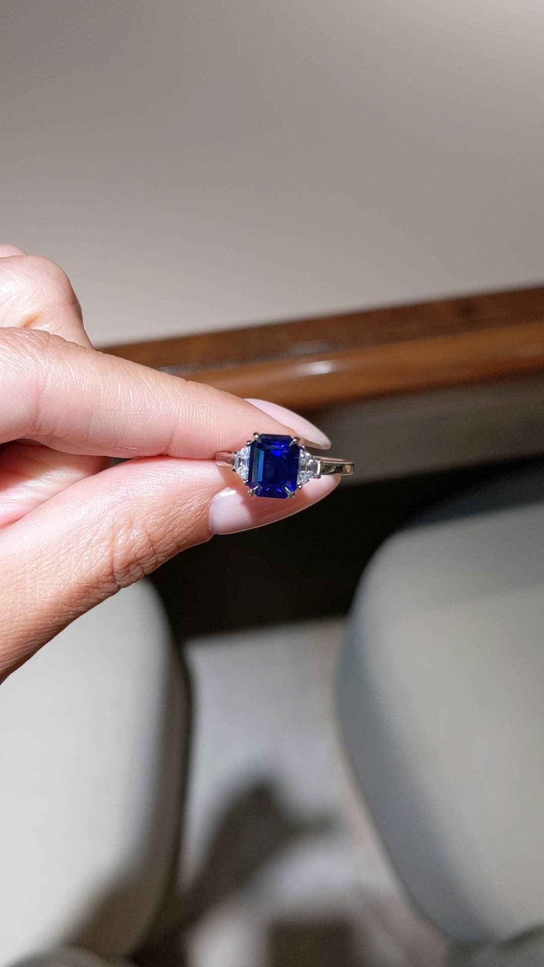 3.04 Ct. Blue Sapphire and Natural Diamond Three Stone Ring, Platinum 950 Size Video