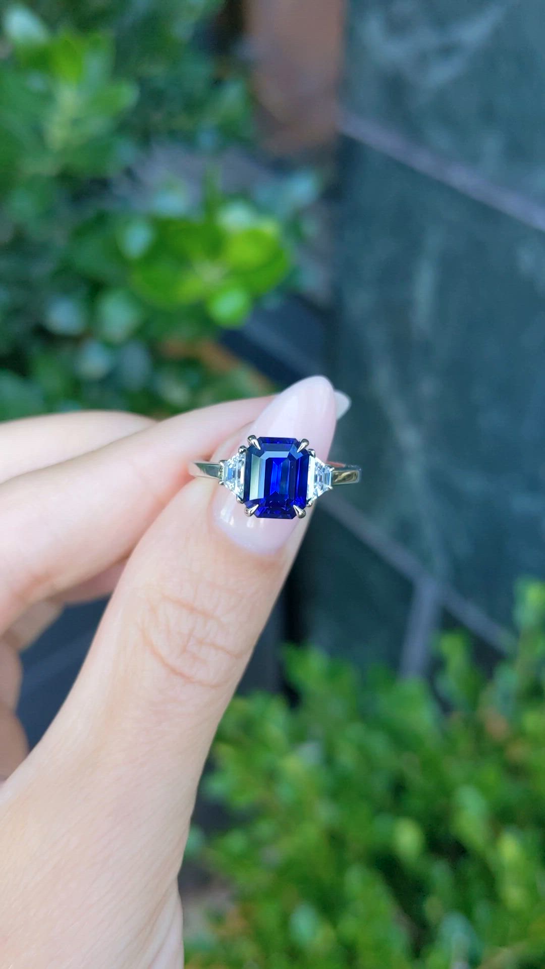 3.04 Ct. Blue Sapphire and Natural Diamond Three Stone Ring, Platinum 950 Size Video