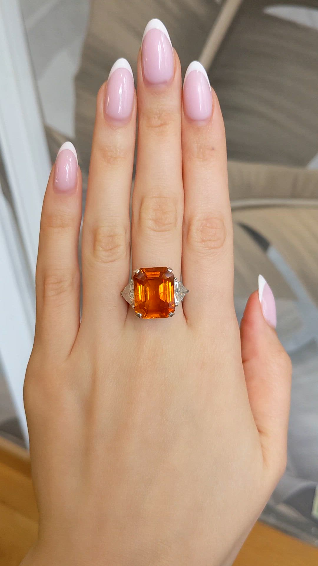 18.70 Ct. Orange Sapphire and Natural Diamond Three Stone Ring, 18K White Gold Size Video