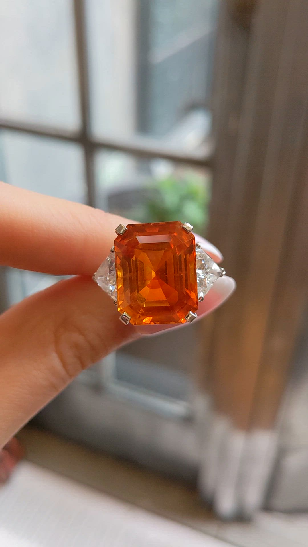 18.70 Ct. Orange Sapphire and Natural Diamond Three Stone Ring, 18K White Gold Size Video