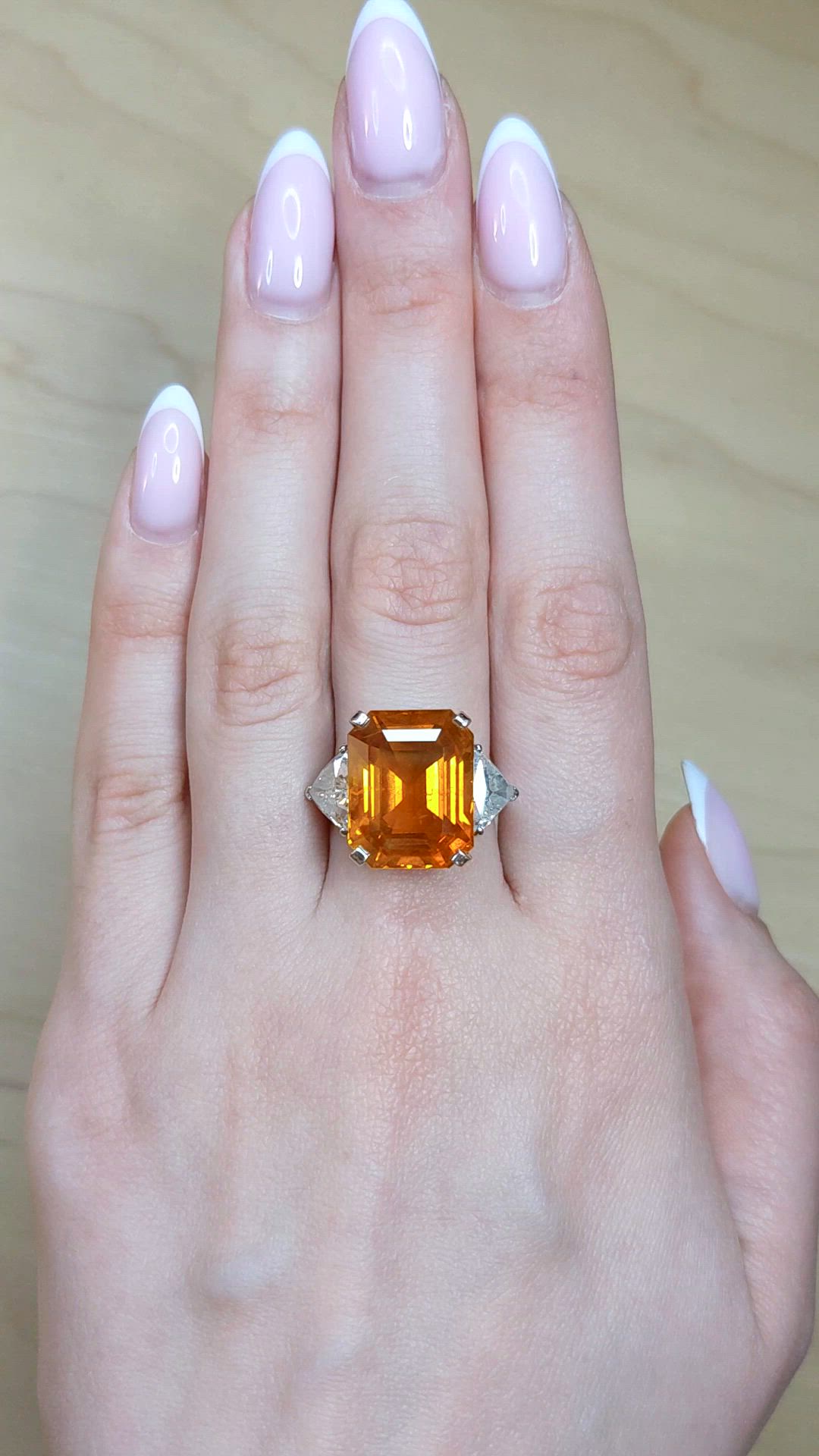 18.70 Ct. Orange Sapphire and Natural Diamond Three Stone Ring, 18K White Gold Size Video