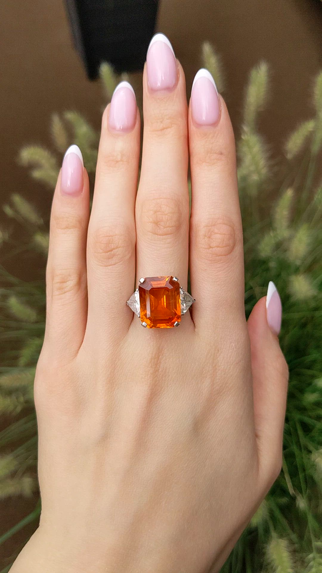 18.70 Ct. Orange Sapphire and Natural Diamond Three Stone Ring, 18K White Gold Size Video
