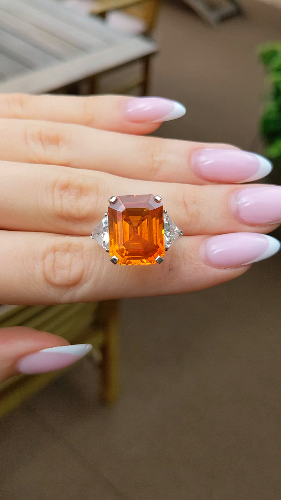 18.70 Ct. Orange Sapphire and Natural Diamond Three Stone Ring, 18K White Gold Size Video