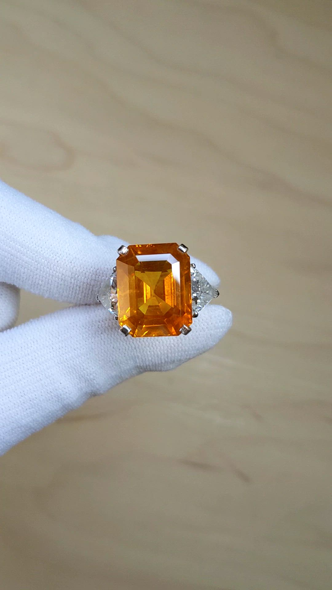 18.70 Ct. Orange Sapphire and Natural Diamond Three Stone Ring, 18K White Gold Size Video