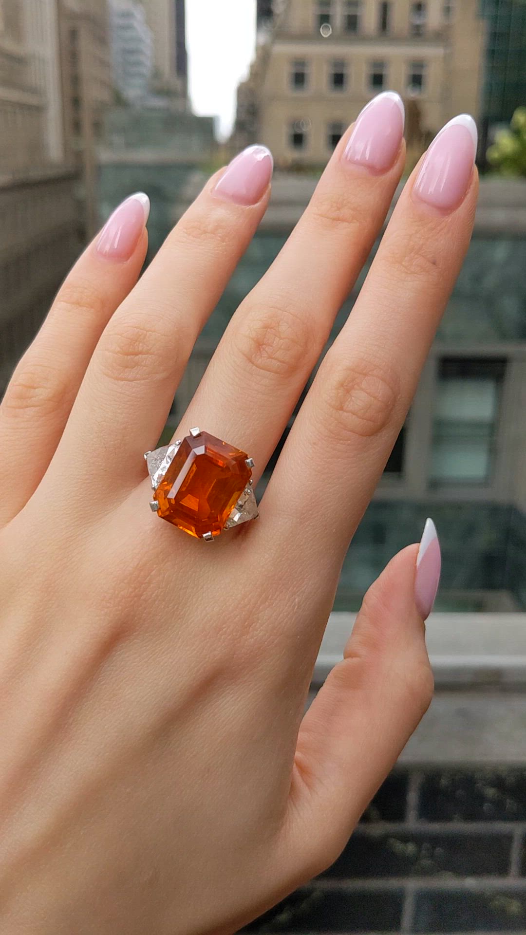 18.70 Ct. Orange Sapphire and Natural Diamond Three Stone Ring, 18K White Gold Size Video