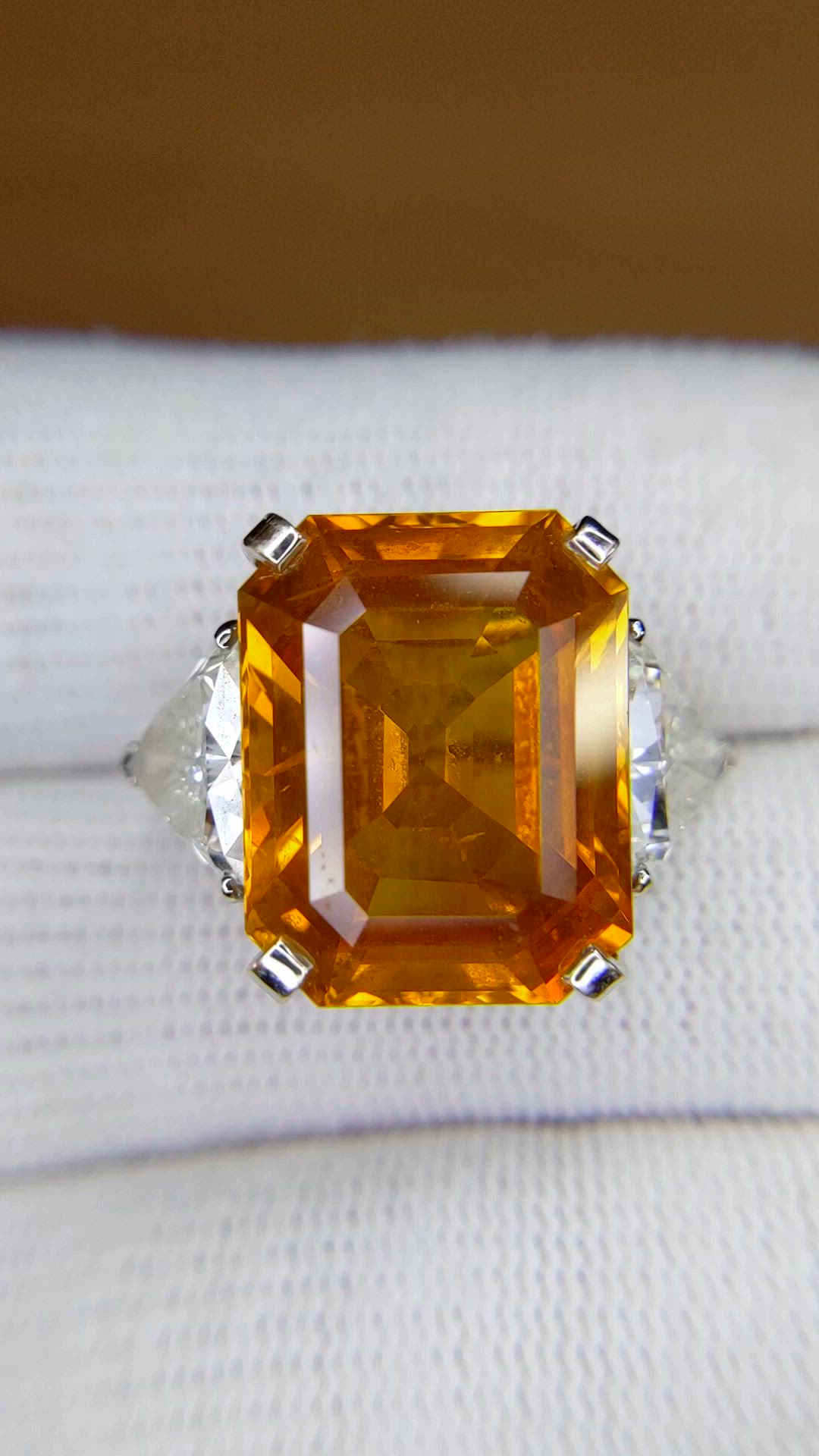 18.70 Ct. Orange Sapphire and Natural Diamond Three Stone Ring, 18K White Gold Size Video