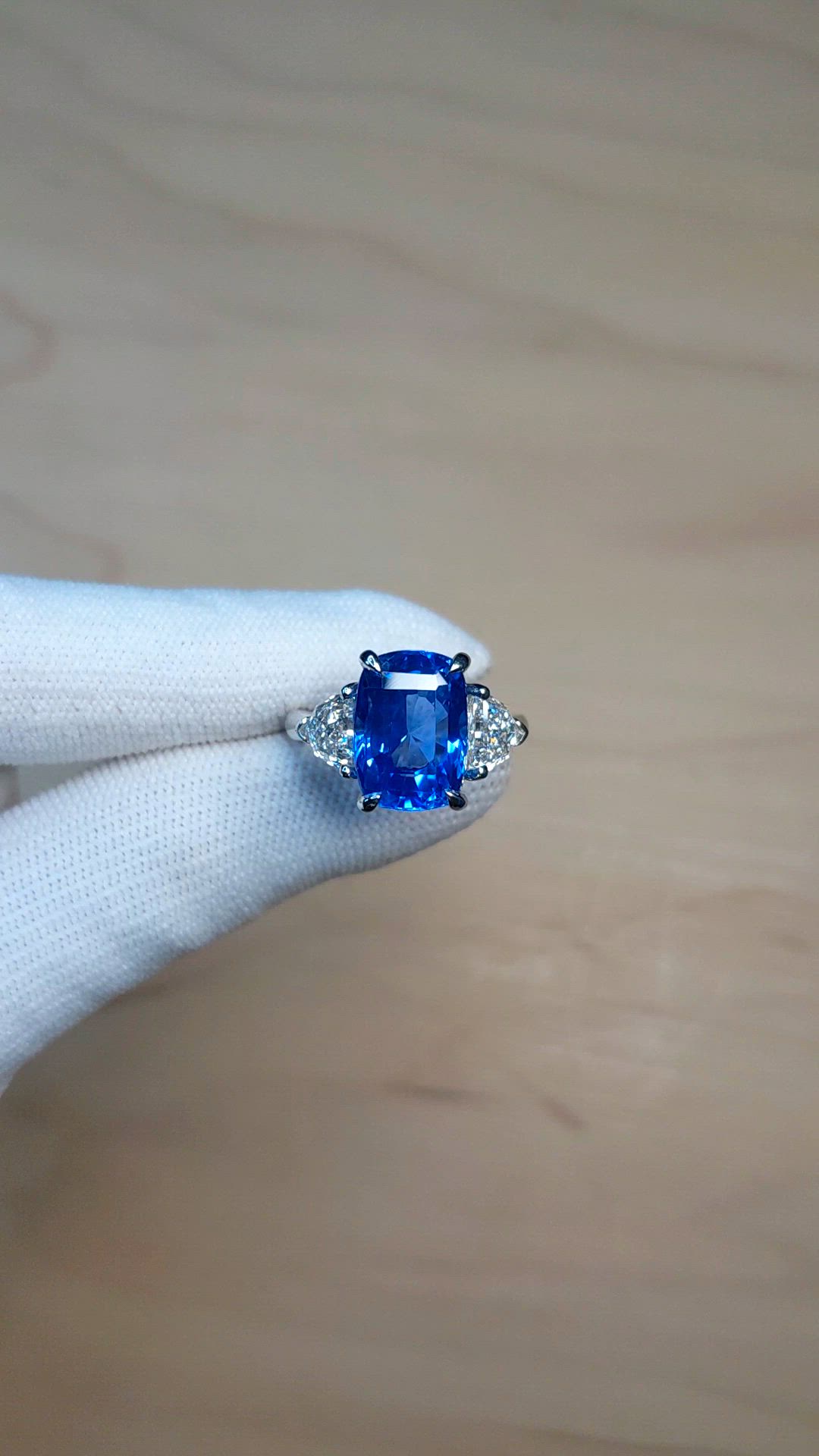 6.36 Ct. Blue Sapphire and Natural Diamond Three Stone Ring, Platinum 950 Size Video