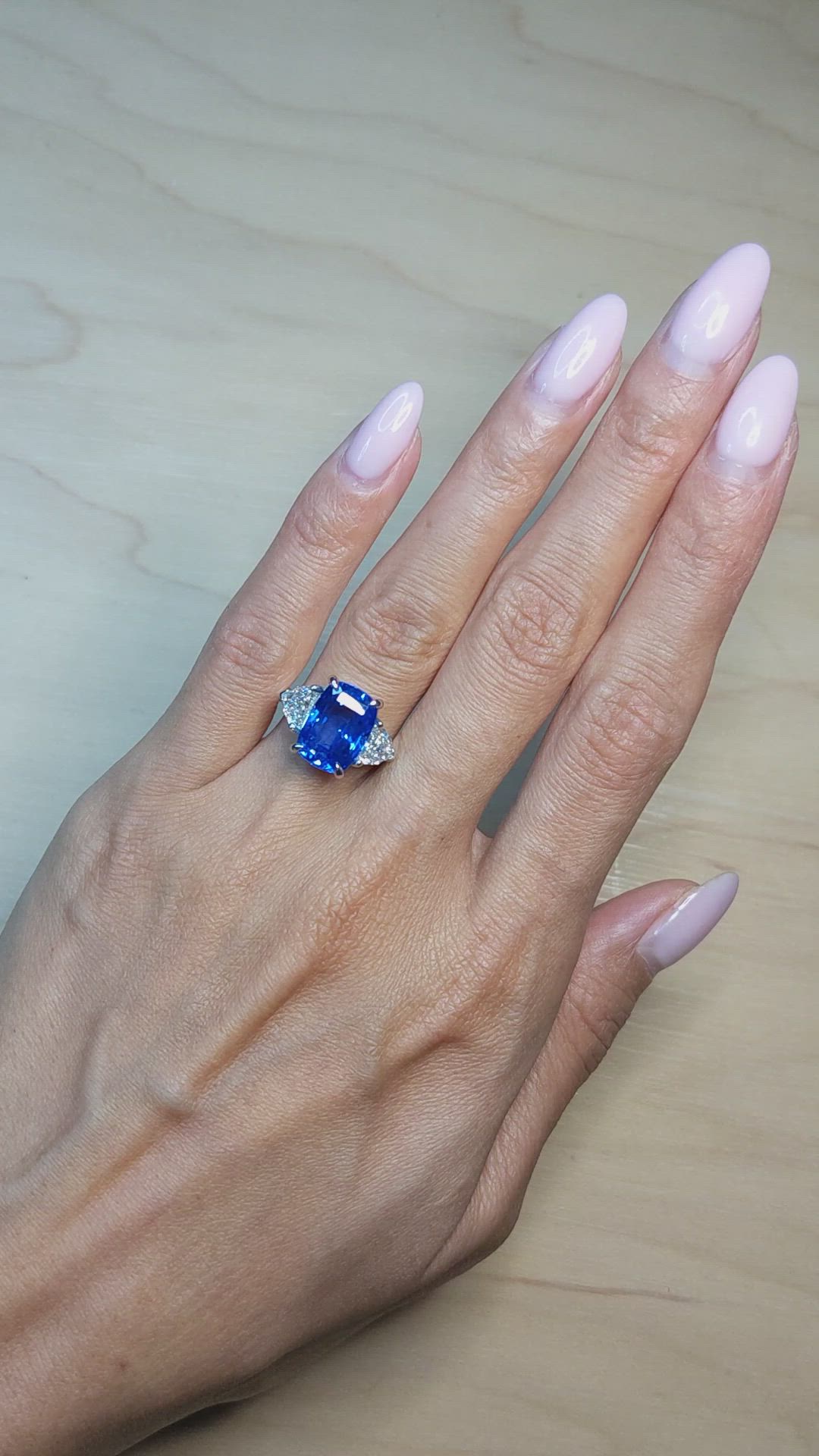 6.36 Ct. Blue Sapphire and Natural Diamond Three Stone Ring, Platinum 950 Size Video
