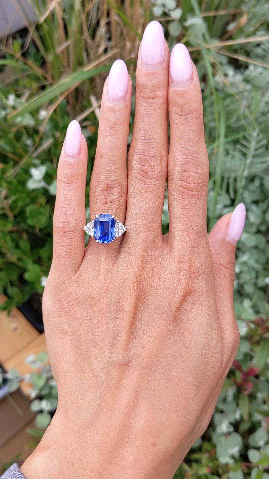 6.36 Ct. Blue Sapphire and Natural Diamond Three Stone Ring, Platinum 950 Size Video