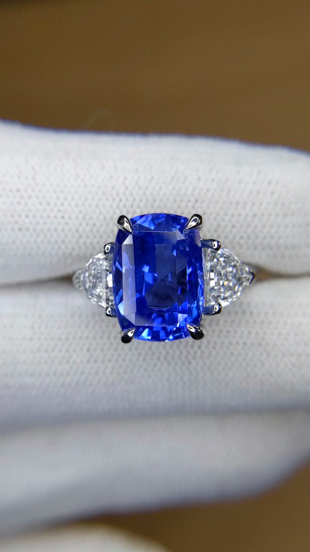 6.36 Ct. Blue Sapphire and Natural Diamond Three Stone Ring, Platinum 950 Size Video