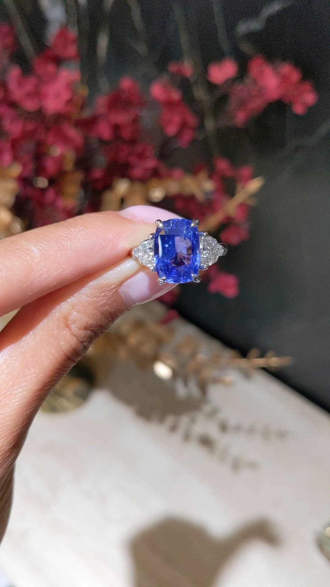 6.36 Ct. Blue Sapphire and Natural Diamond Three Stone Ring, Platinum 950 Size Video