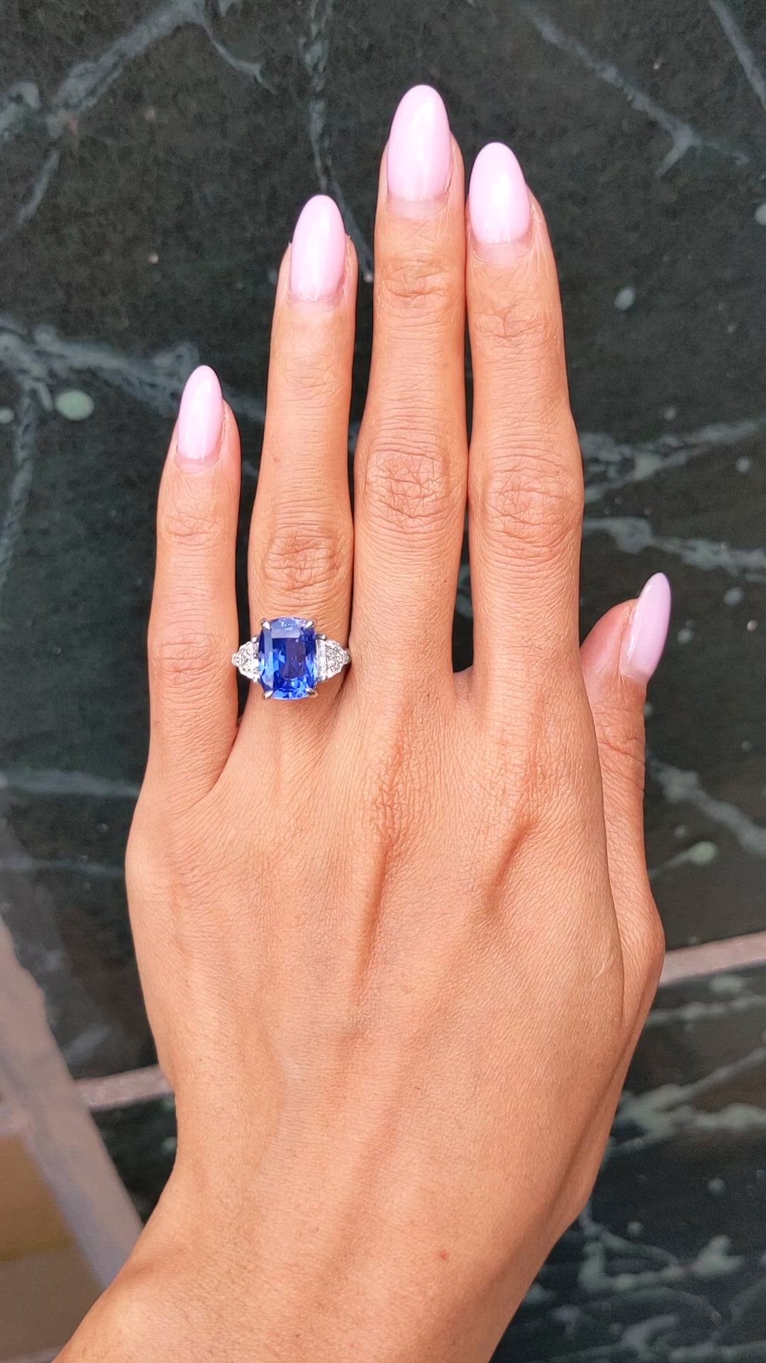 6.36 Ct. Blue Sapphire and Natural Diamond Three Stone Ring, Platinum 950 Size Video