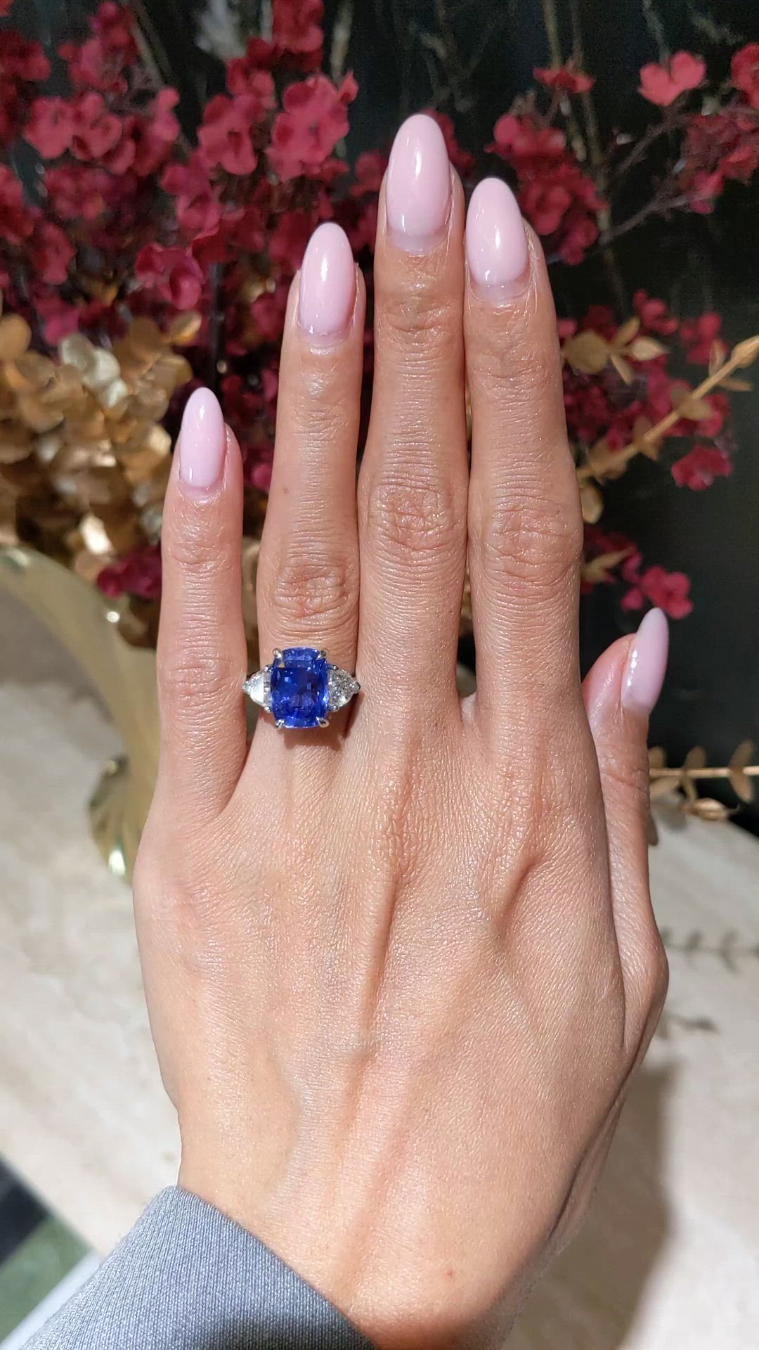 6.36 Ct. Blue Sapphire and Natural Diamond Three Stone Ring, Platinum 950 Size Video