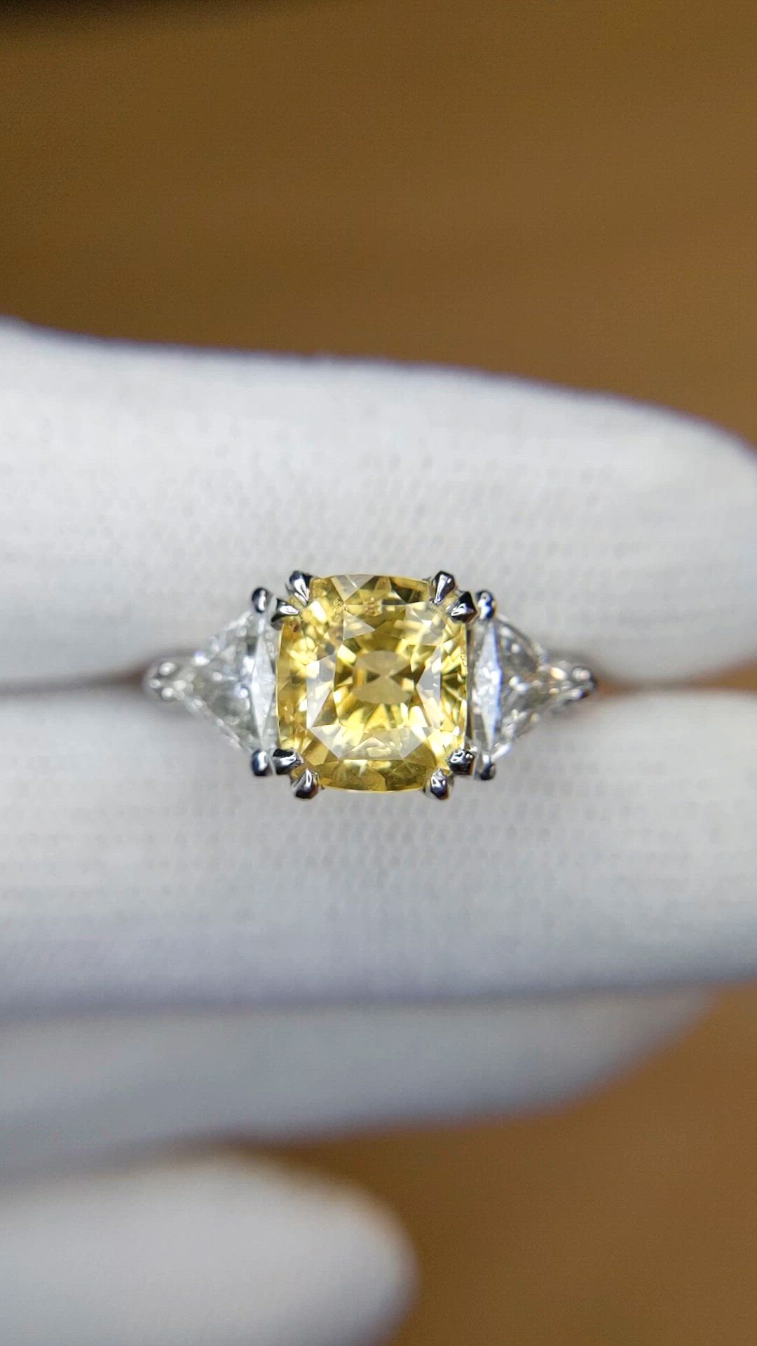 3.70 Ct. Yellow Sapphire and Natural Diamond Three Stone Ring, Platinum 950 Size Video