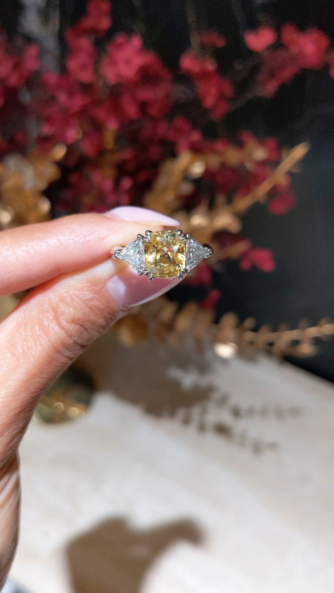 3.70 Ct. Yellow Sapphire and Natural Diamond Three Stone Ring, Platinum 950 Size Video