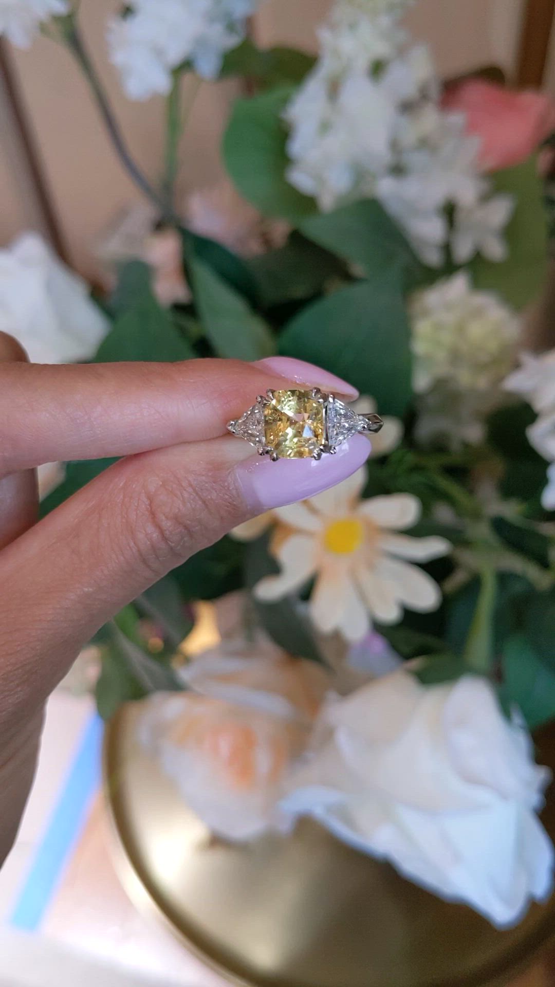 3.70 Ct. Yellow Sapphire and Natural Diamond Three Stone Ring, Platinum 950 Size Video