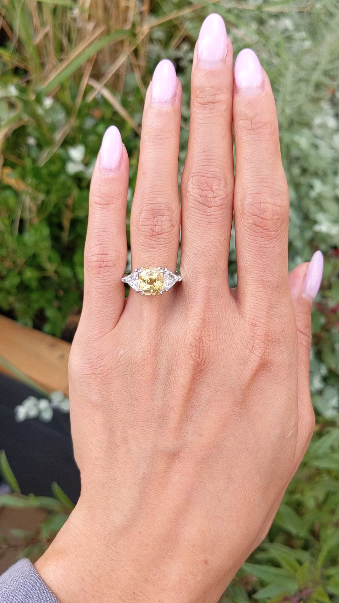 3.70 Ct. Yellow Sapphire and Natural Diamond Three Stone Ring, Platinum 950 Size Video