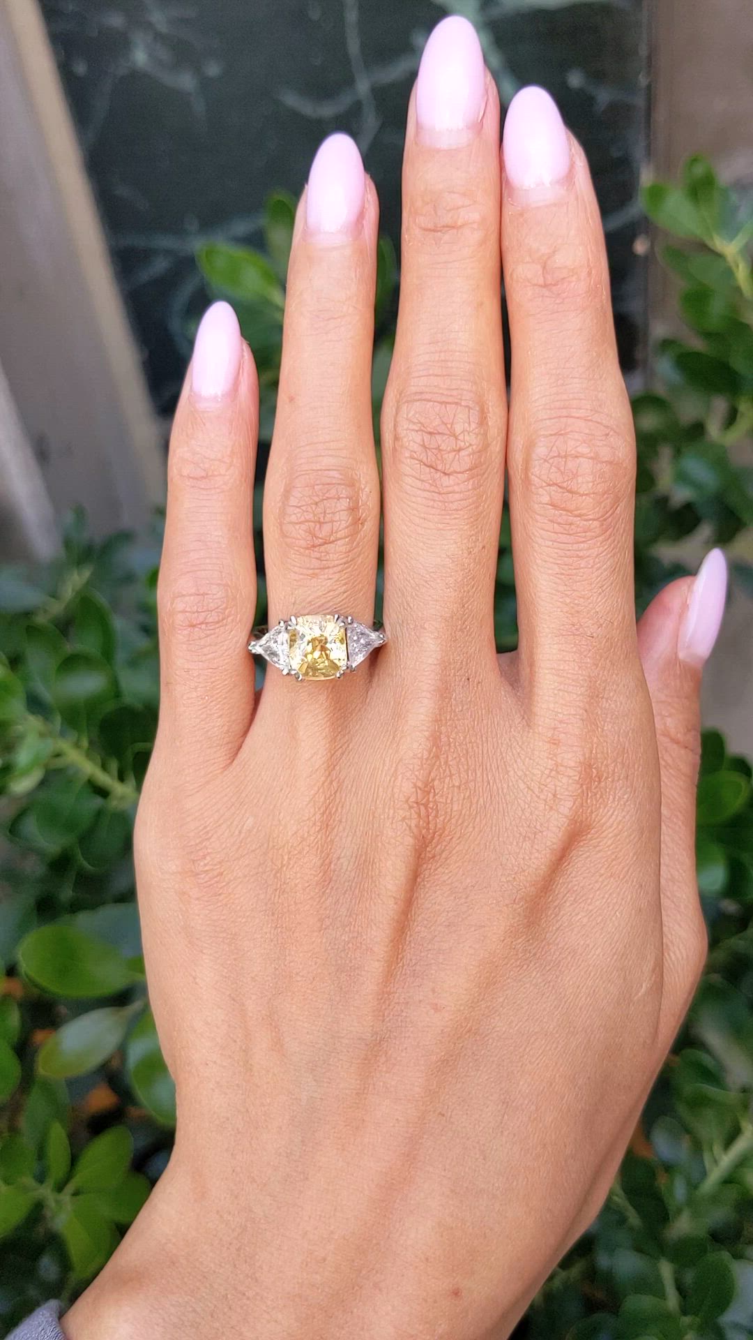 3.70 Ct. Yellow Sapphire and Natural Diamond Three Stone Ring, Platinum 950 Size Video